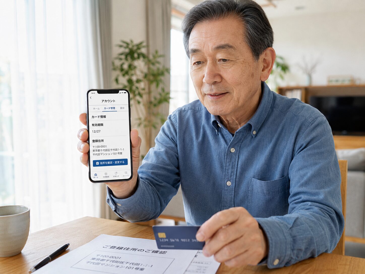 75歳前後のシニアがクレジットカードの有効期限と登録住所をスマートフォンで確認している写真