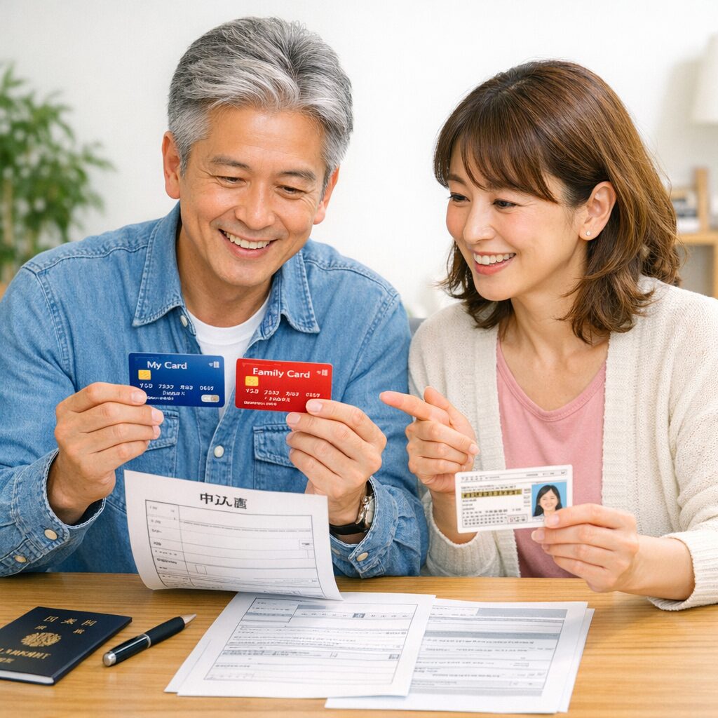 70歳以上の人が本人名義カードと家族カードの違いを確認している様子や、申込書類と本人確認書類を見比べている無料画像素材を中央寄せで配置する