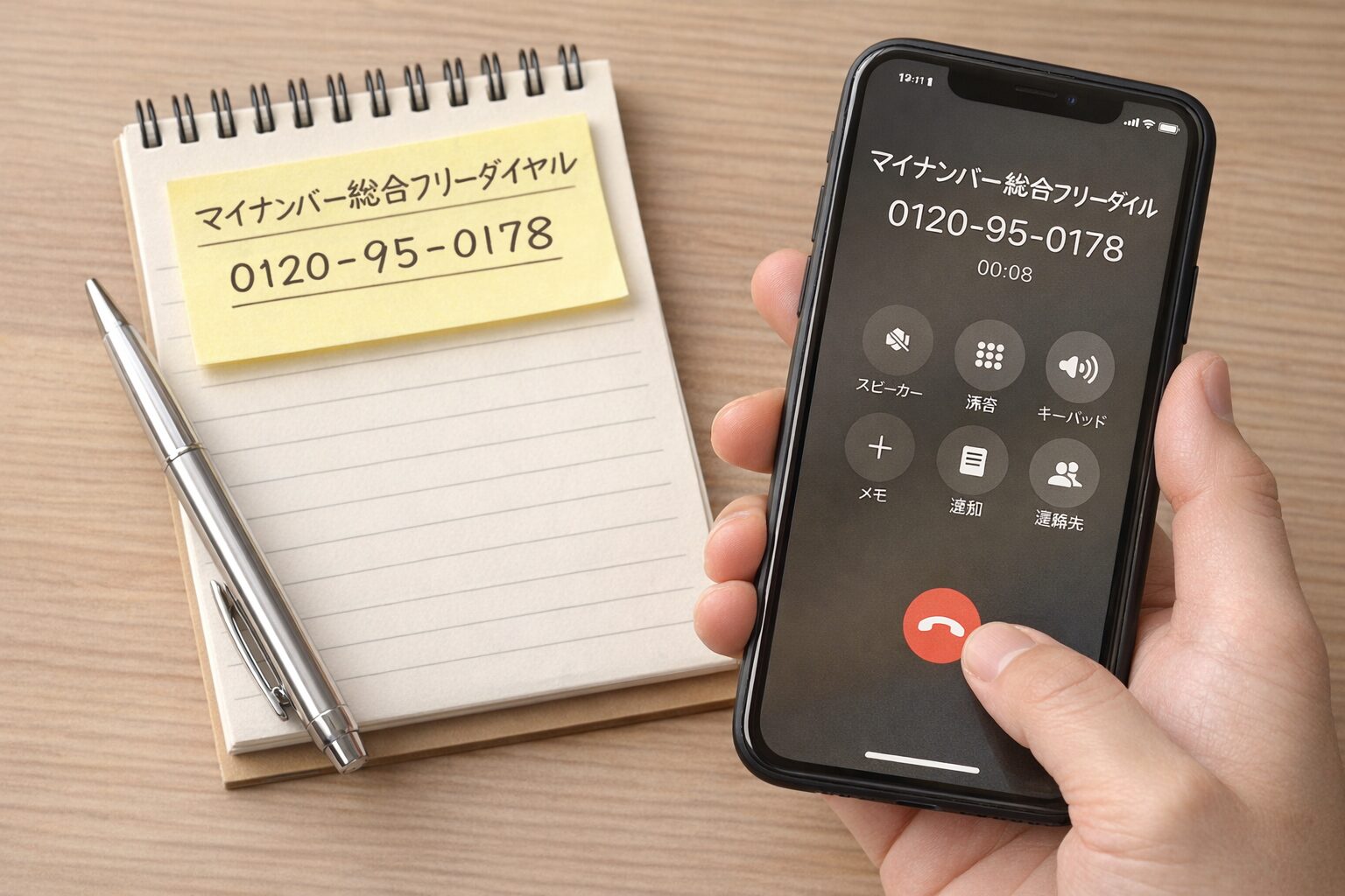 スマホでマイナンバー総合フリーダイヤルに電話して一時利用停止を依頼している手元の写真。番号案内のメモと通話画面が写る無料素材風が望ましい。