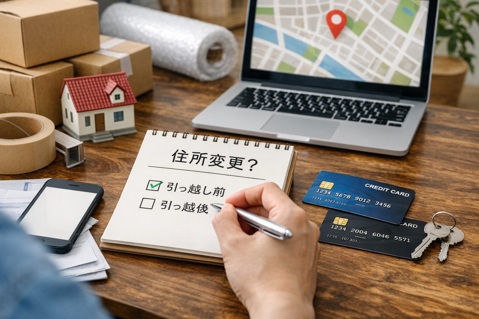 引っ越し準備とクレジットカードを机に置いているイメージ。住所変更を考えている様子の無料写真素材