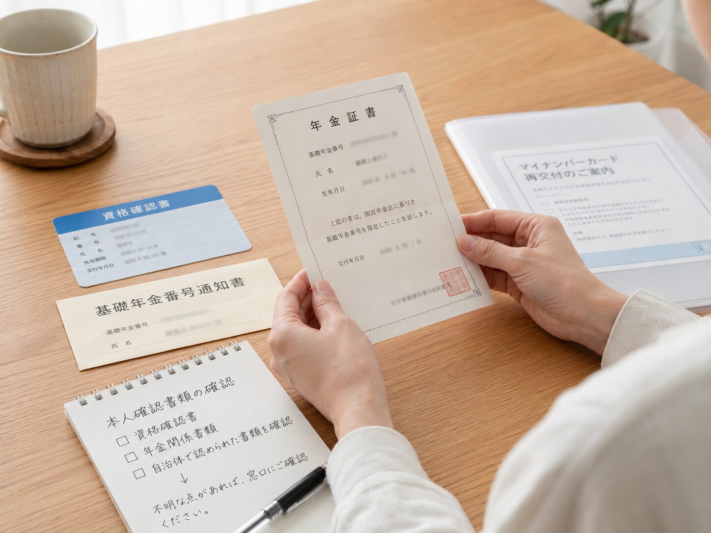 資格確認書や年金関係書類などマイナンバーカード再交付に使える本人確認書類を机の上で確認している写真