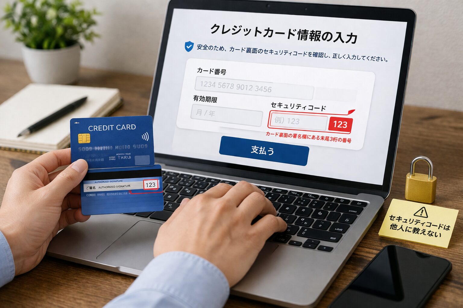 パソコンでネット決済画面を開きながら、クレジットカード情報の取り扱いに注意している様子が伝わる無料写真素材向けイメージ。カード番号は見えず、安全な入力の雰囲気が分かる写真を中央寄せで配置