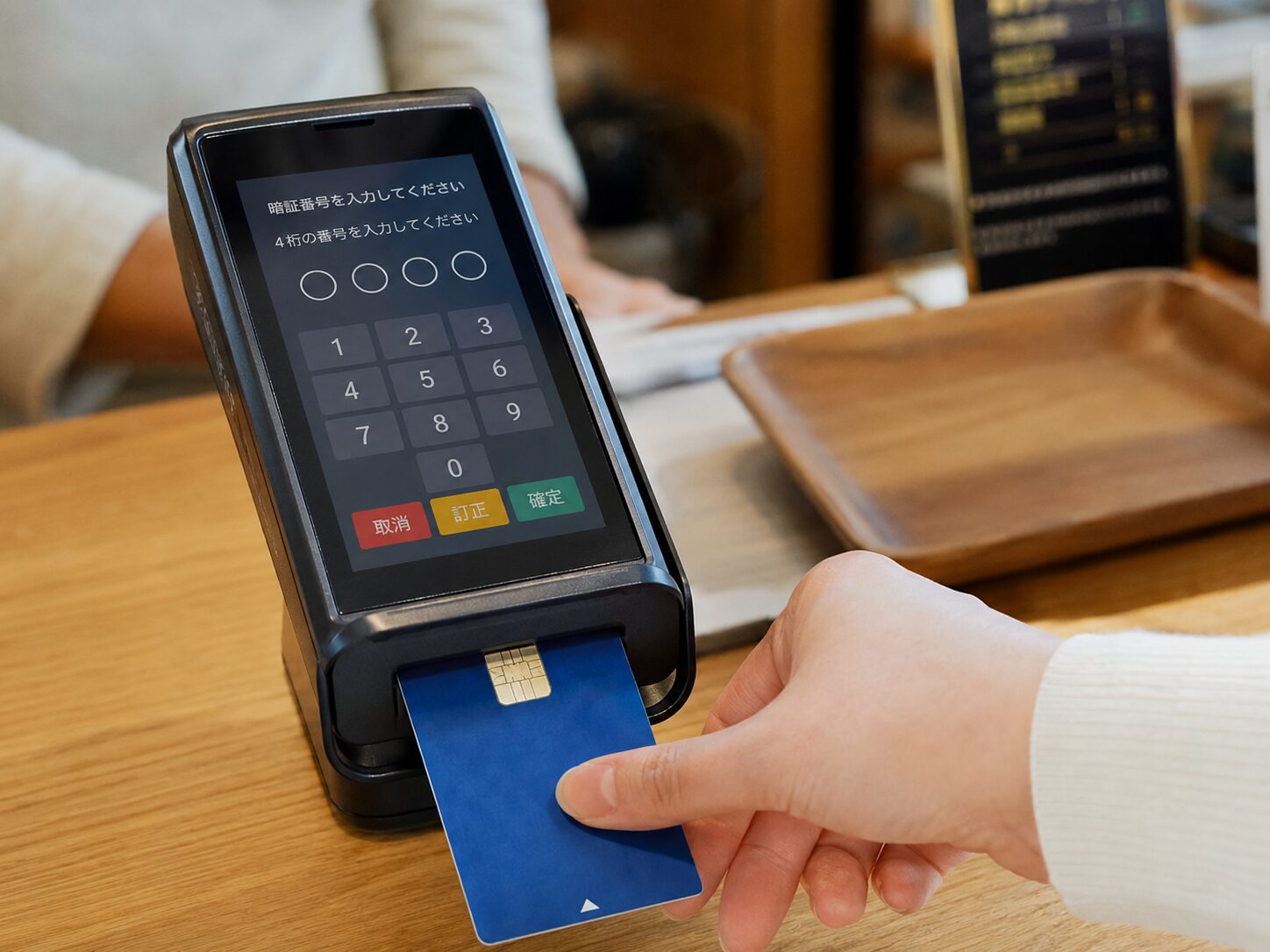 店舗の決済端末へクレジットカードを差し込み暗証番号入力画面を確認している手元の写真