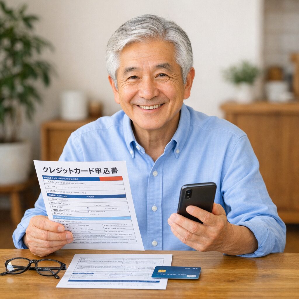 高齢の方が自宅のテーブルでクレジットカード申込み書類やスマートフォン、眼鏡を確認している無料画像を中央寄せで配置する