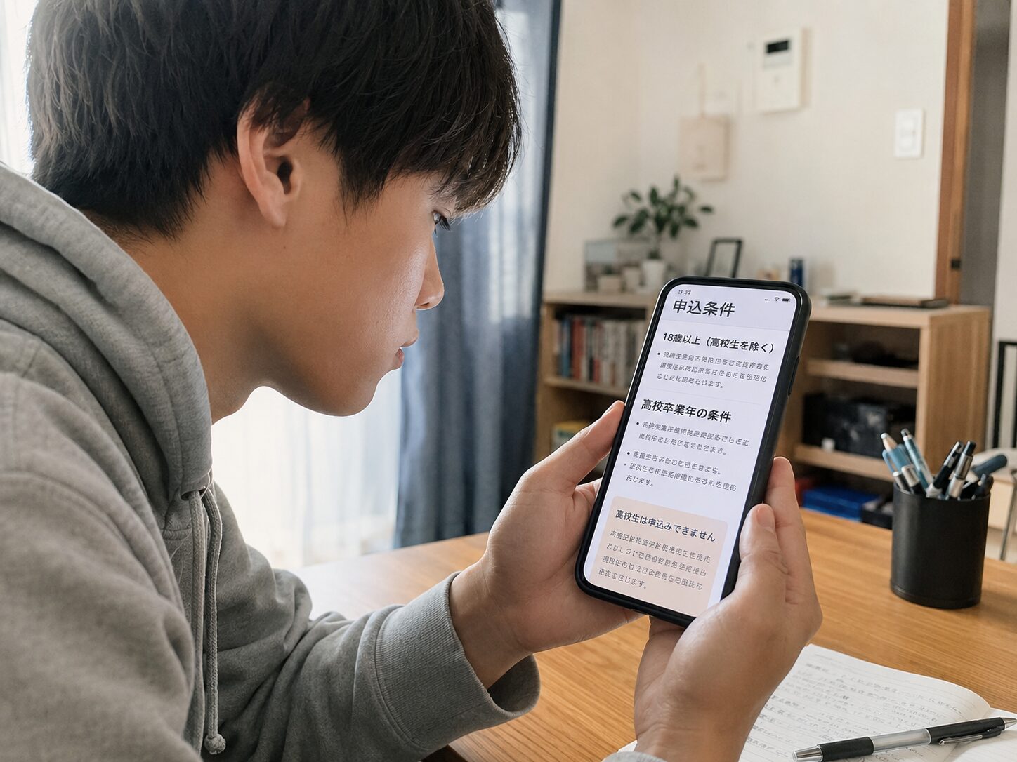 18歳の高校生が自宅でスマートフォンを使いクレジットカードの年齢条件や高校生の申込条件を確認している写真