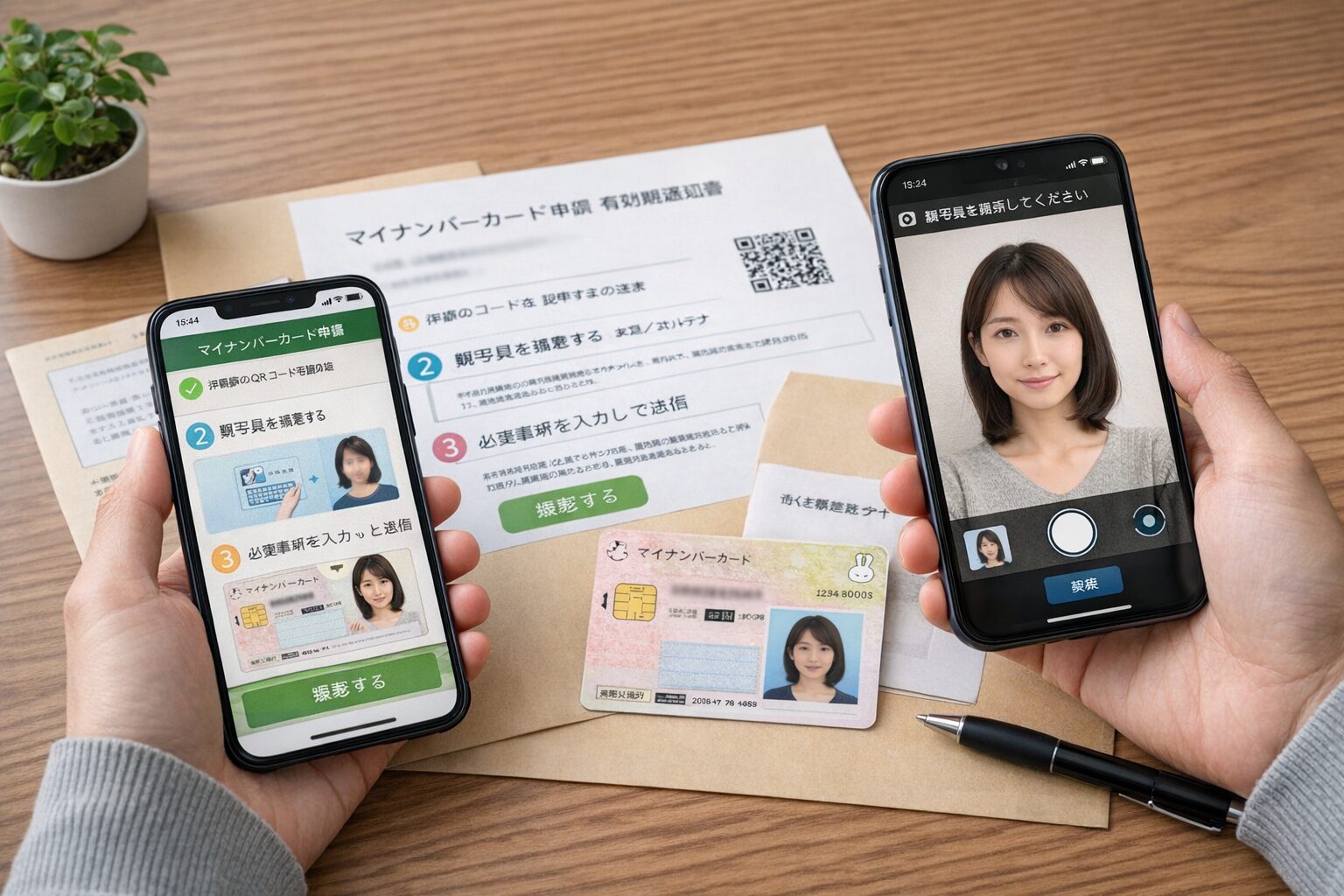 スマートフォンでマイナンバーカード更新申請の案内を見ながら顔写真を準備している様子の無料写真または図解