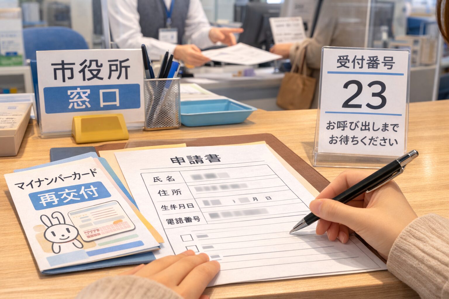 市役所の窓口で申請書を記入している様子の写真。番号札やカウンターが写り、手続きの流れがイメージできる無料素材風が望ましい。