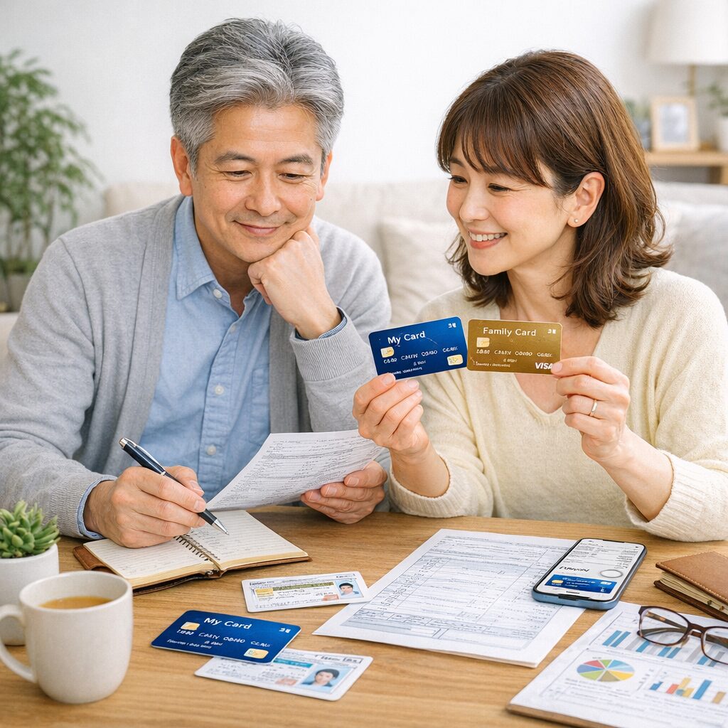 70歳以上の人がクレジットカードの利用明細やアプリ画面を確認しながら管理しやすいカードを選んでいる様子が分かる無料画像素材を中央寄せで配置する