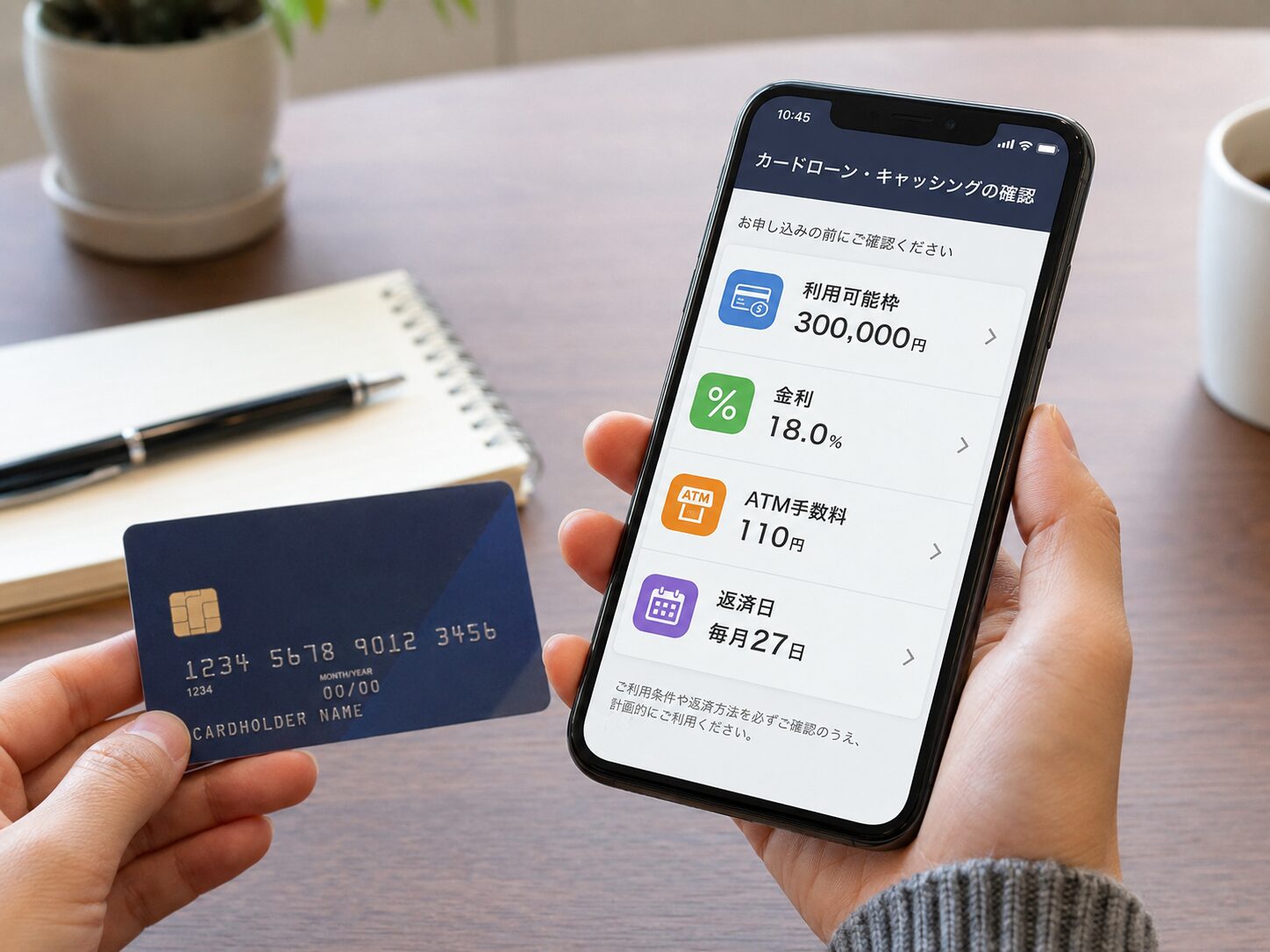 キャッシング前に利用可能枠、金利、手数料、返済日をスマートフォンで確認している写真