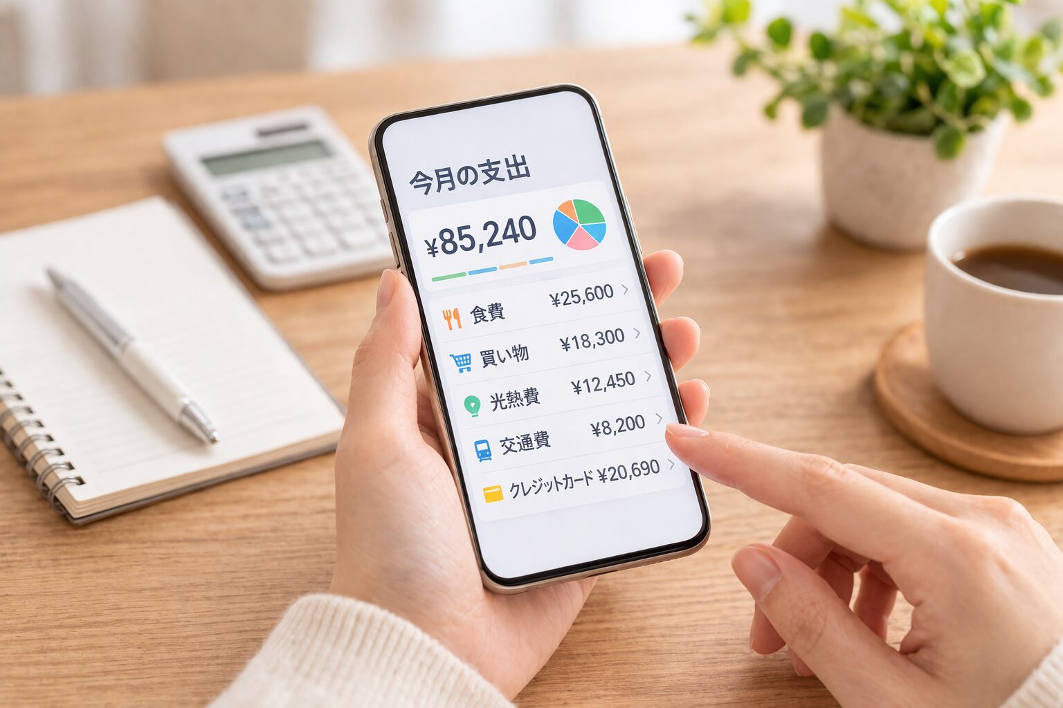 クレジットカード利用明細や家計簿アプリをスマートフォンで確認しながら支出管理をしている様子が伝わる無料写真素材を中央寄せで配置する