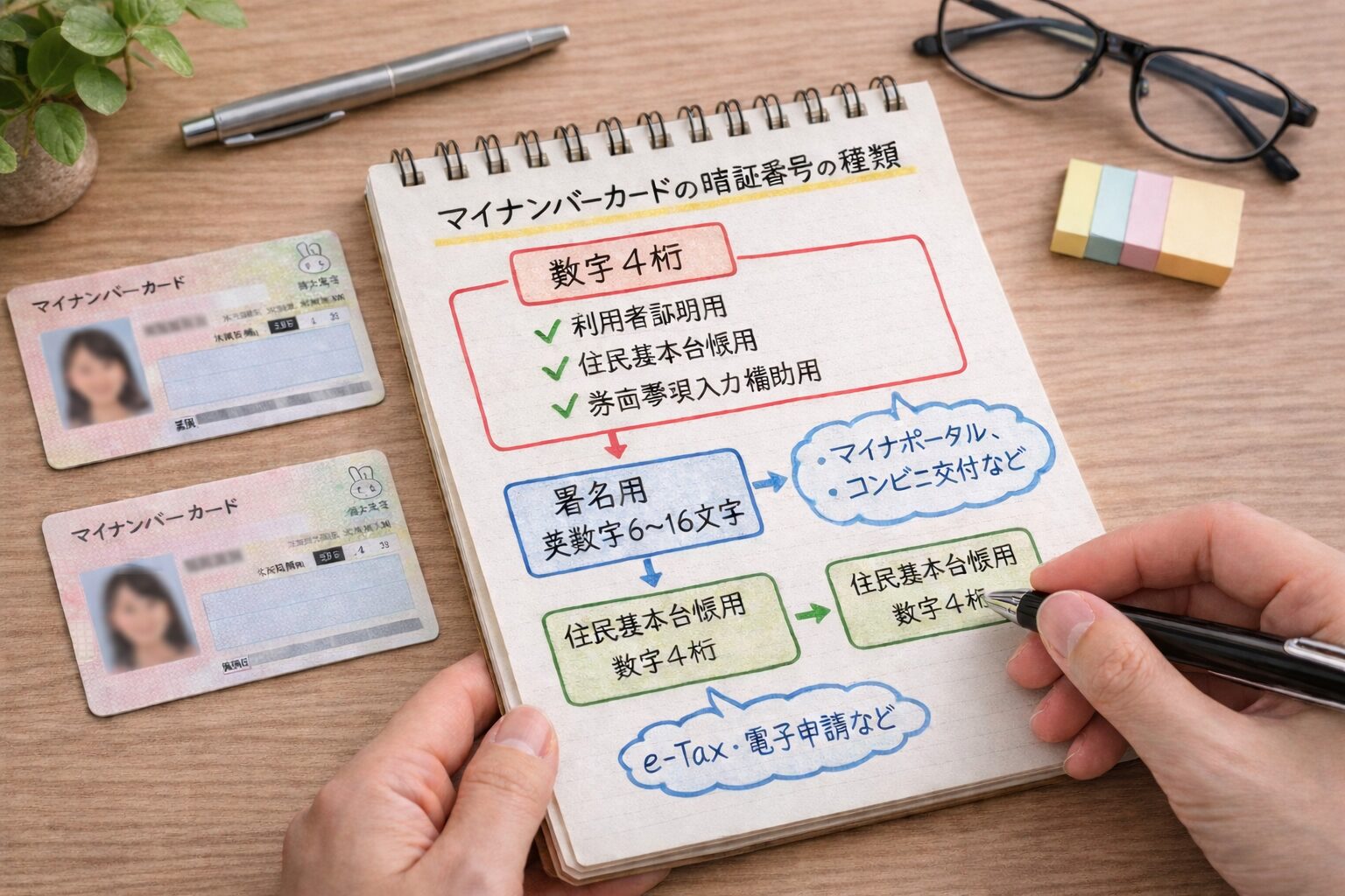 マイナンバーカードの暗証番号の種類をメモで整理している図解や無料写真を入れる