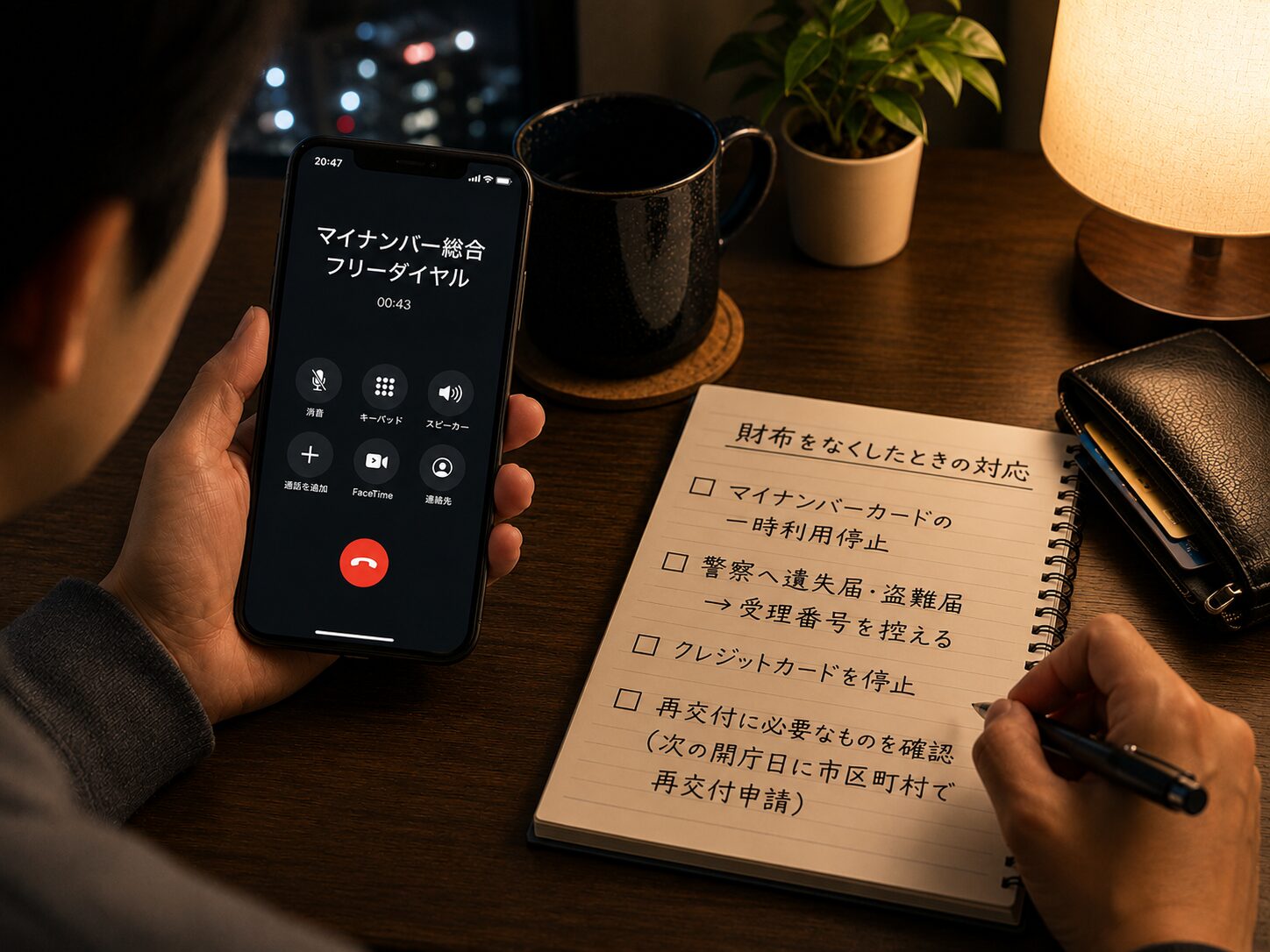 夜間にスマートフォンでマイナンバー総合フリーダイヤルへ連絡しながら財布紛失時の対応をメモしている手元の写真
