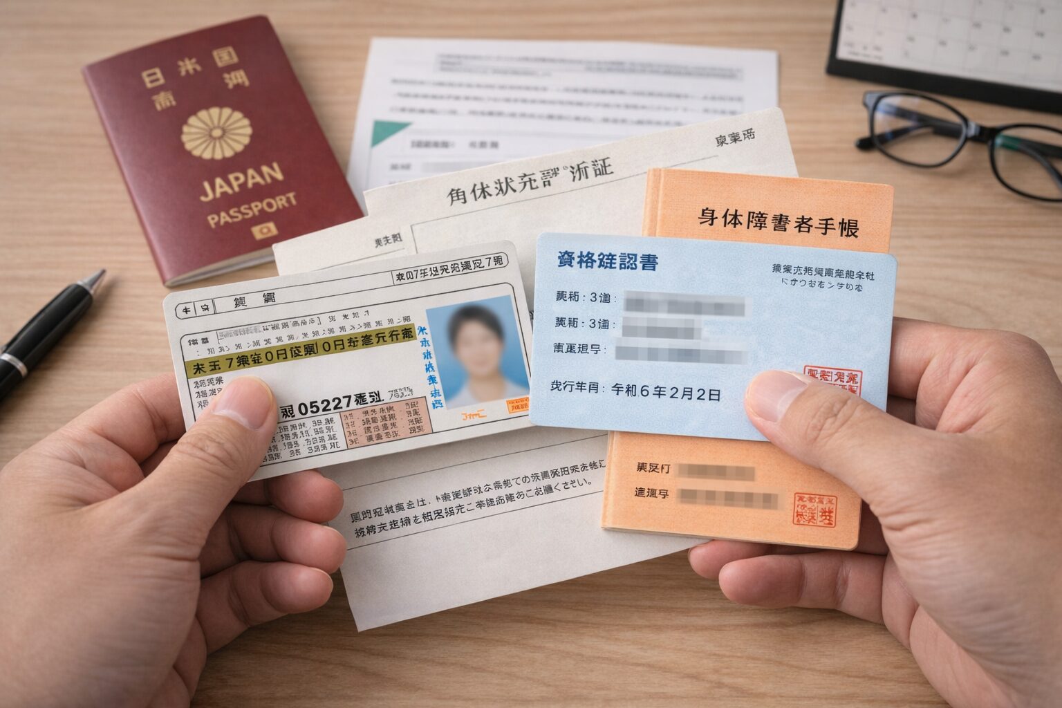 運転免許証や資格確認書など複数の本人確認書類を確認している場面の無料写真を中央に配置