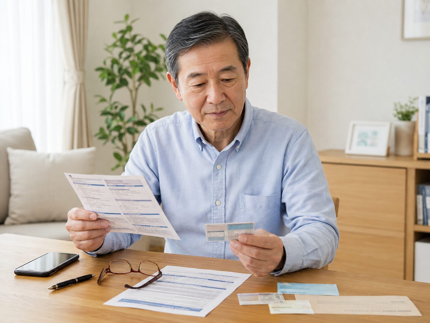 70歳以上のシニアが自宅のテーブルでクレジットカードの申込条件と本人確認書類を確認している写真