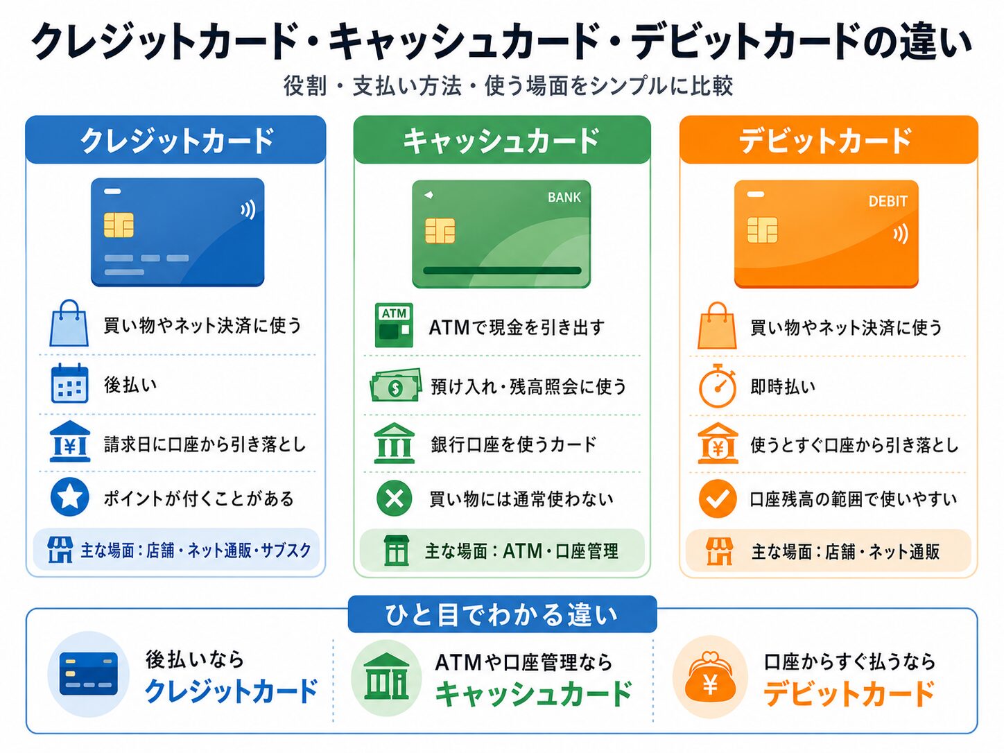 クレジットカード、キャッシュカード、デビットカードの違いを比較したシンプルな図解イメージ画像