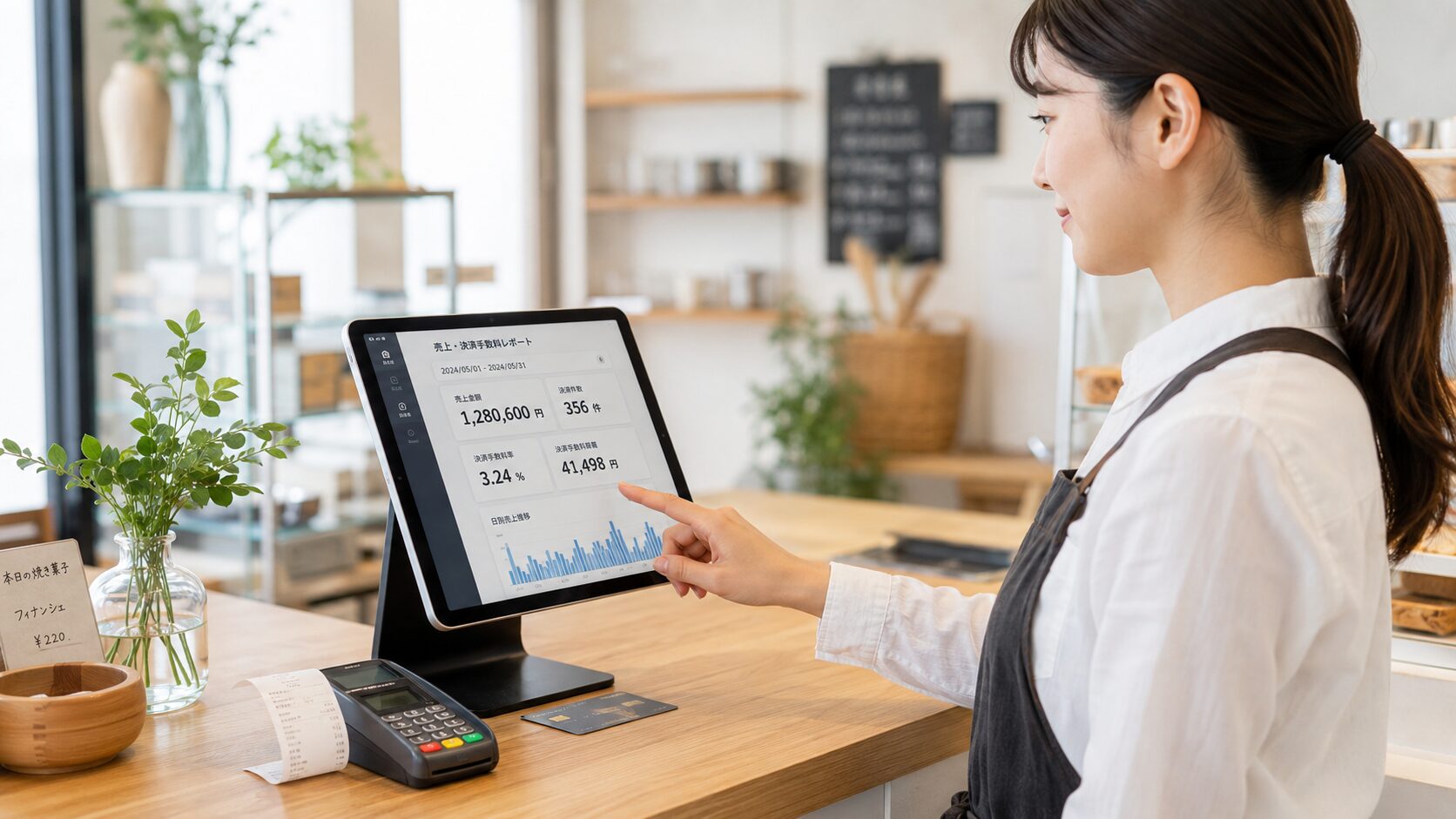 店舗スタッフがクレジットカード決済端末を操作し売上と決済手数料を確認している写真