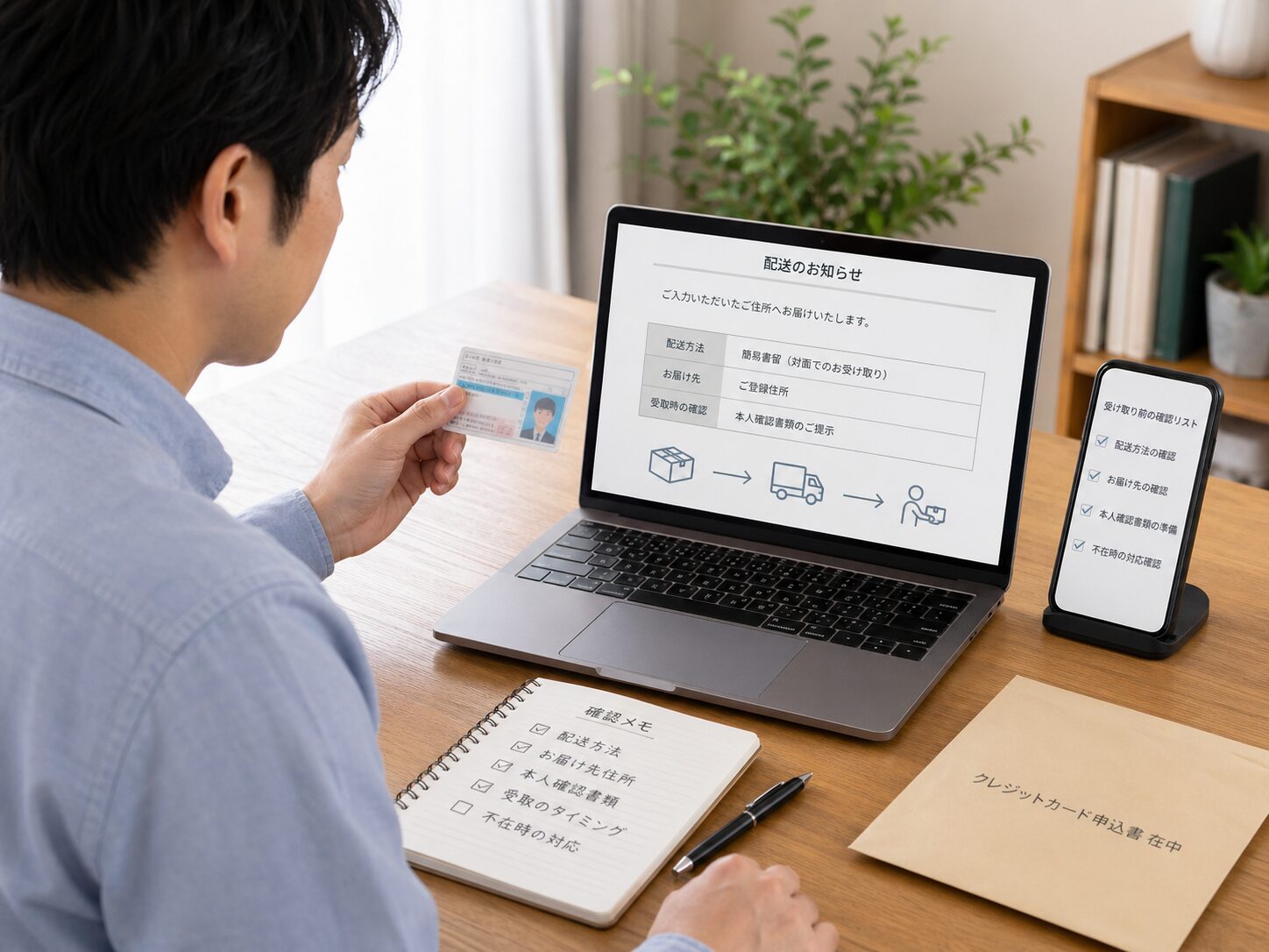クレジットカード到着前に配送方法や本人確認書類を確認しているイメージ画像