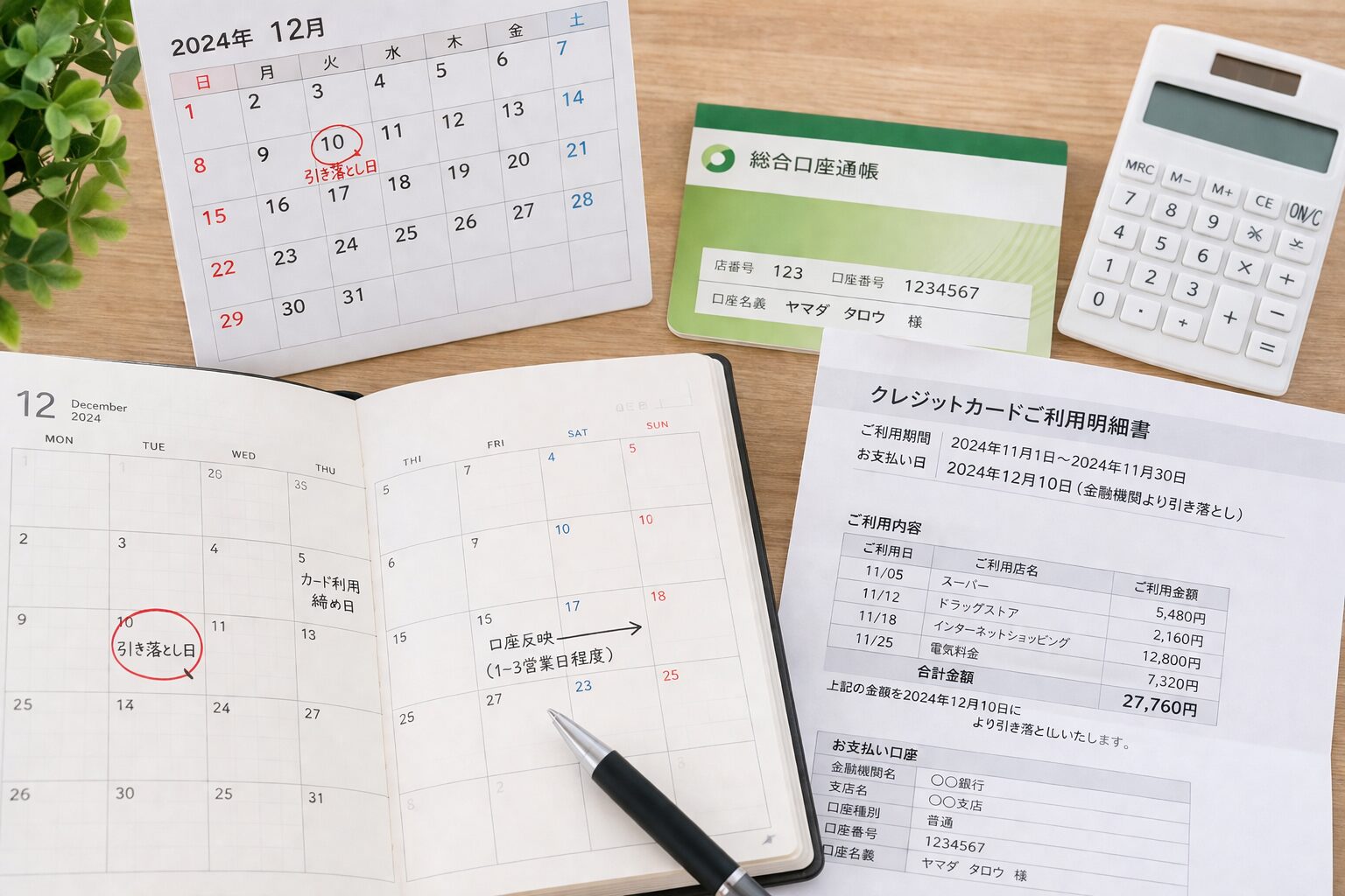 カレンダー、クレジットカード利用明細、銀行口座の情報を見ながら引き落とし日と反映時期を確認しているイメージ画像を配置。無料素材サイトで手帳、カレンダー、明細書、電卓が写る落ち着いた写真を使用。