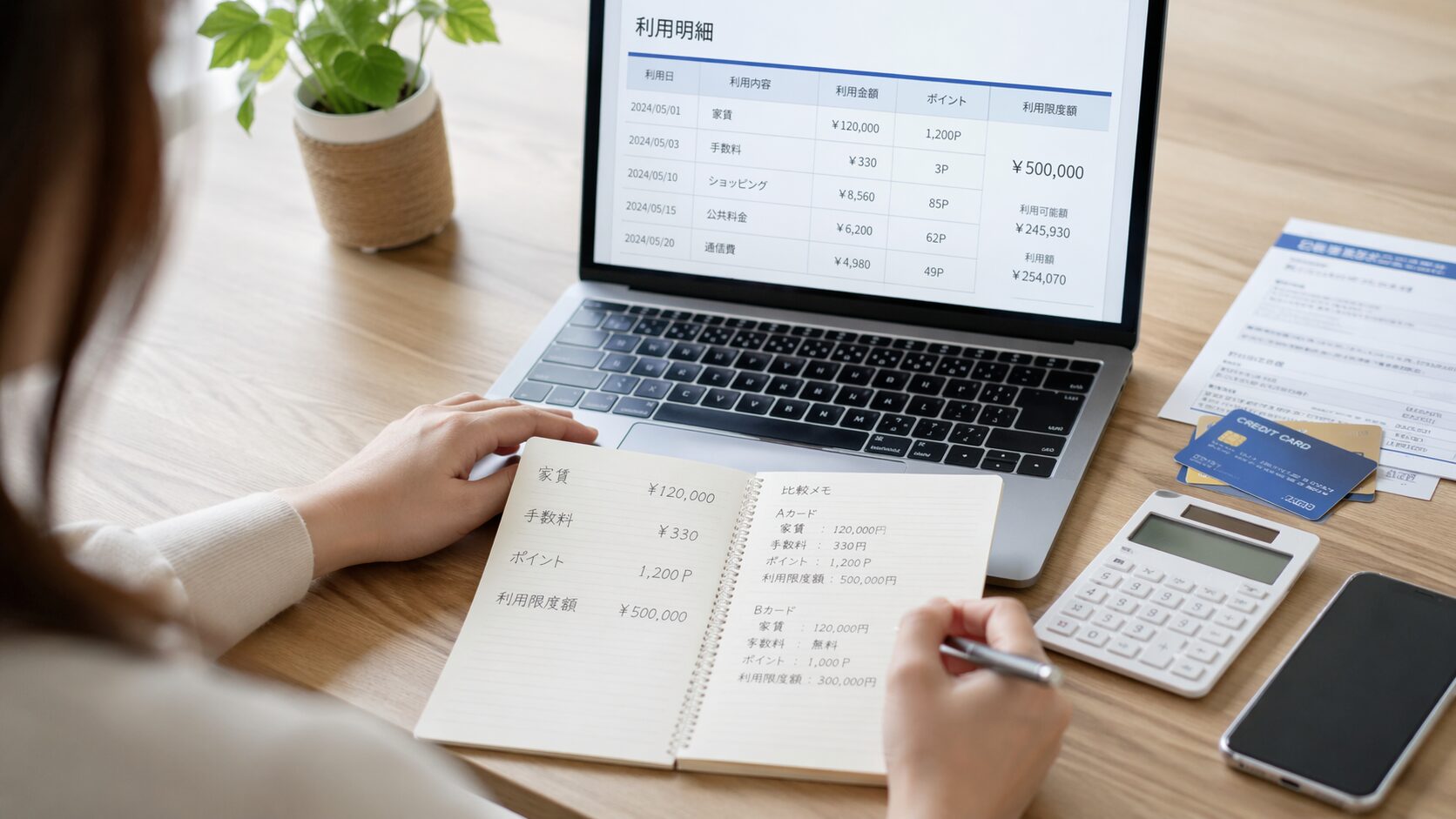 ノートパソコンの利用明細画面を見ながら、家賃、手数料、ポイント、利用限度額をメモして比較している様子の無料写真を配置