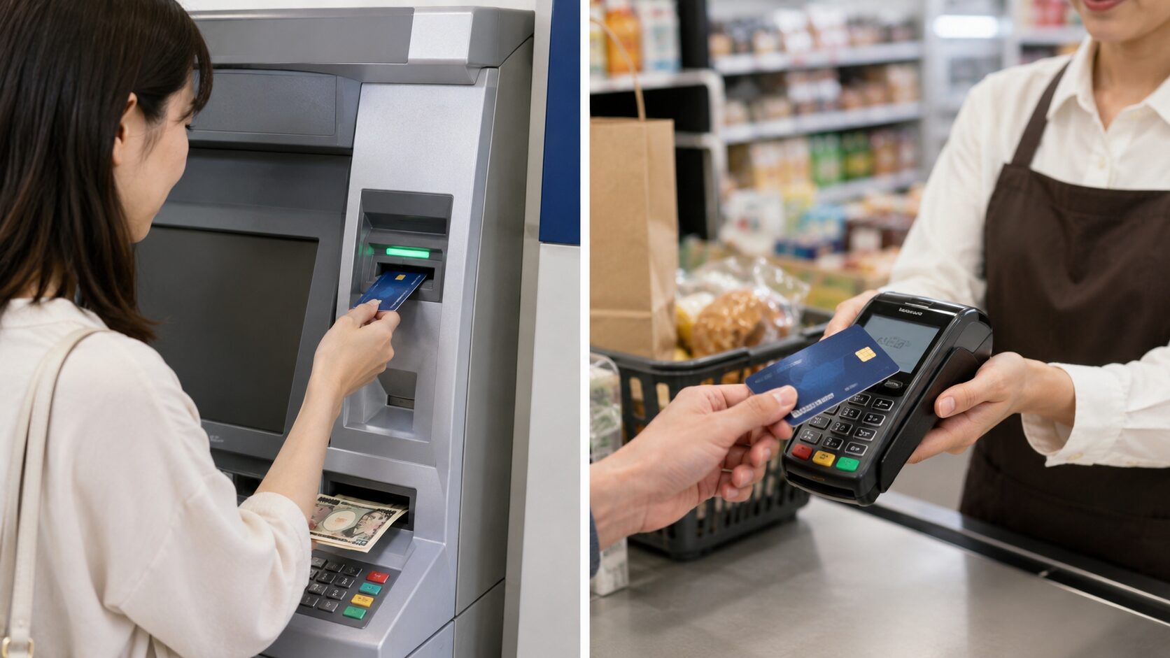 ATMでキャッシュカードを使う場面と店舗でクレジットカード決済をする場面を左右に並べて比較したイメージ画像