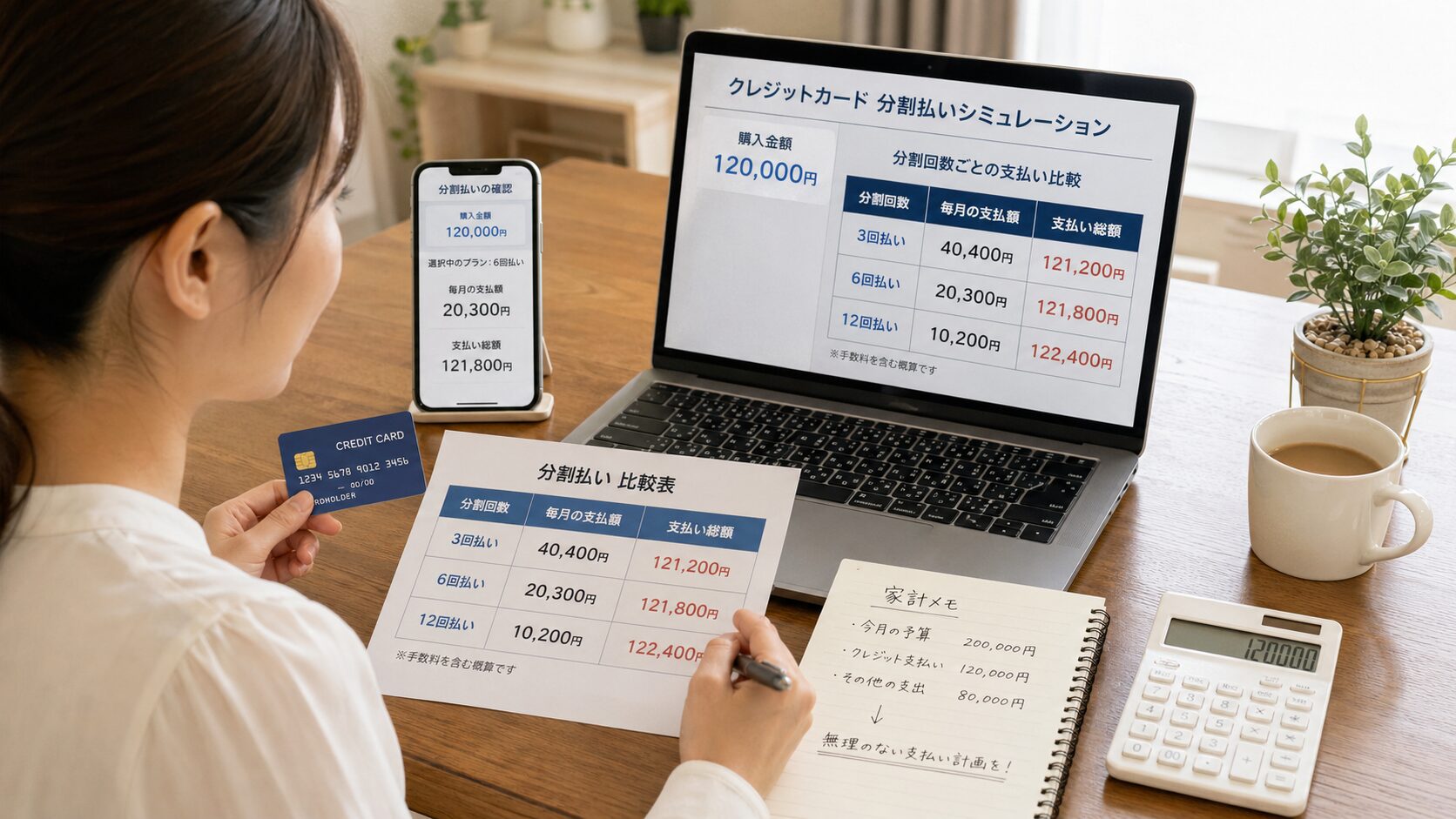 クレジットカード分割払いを使う前に支払い総額と毎月の負担を確認しているイメージ画像