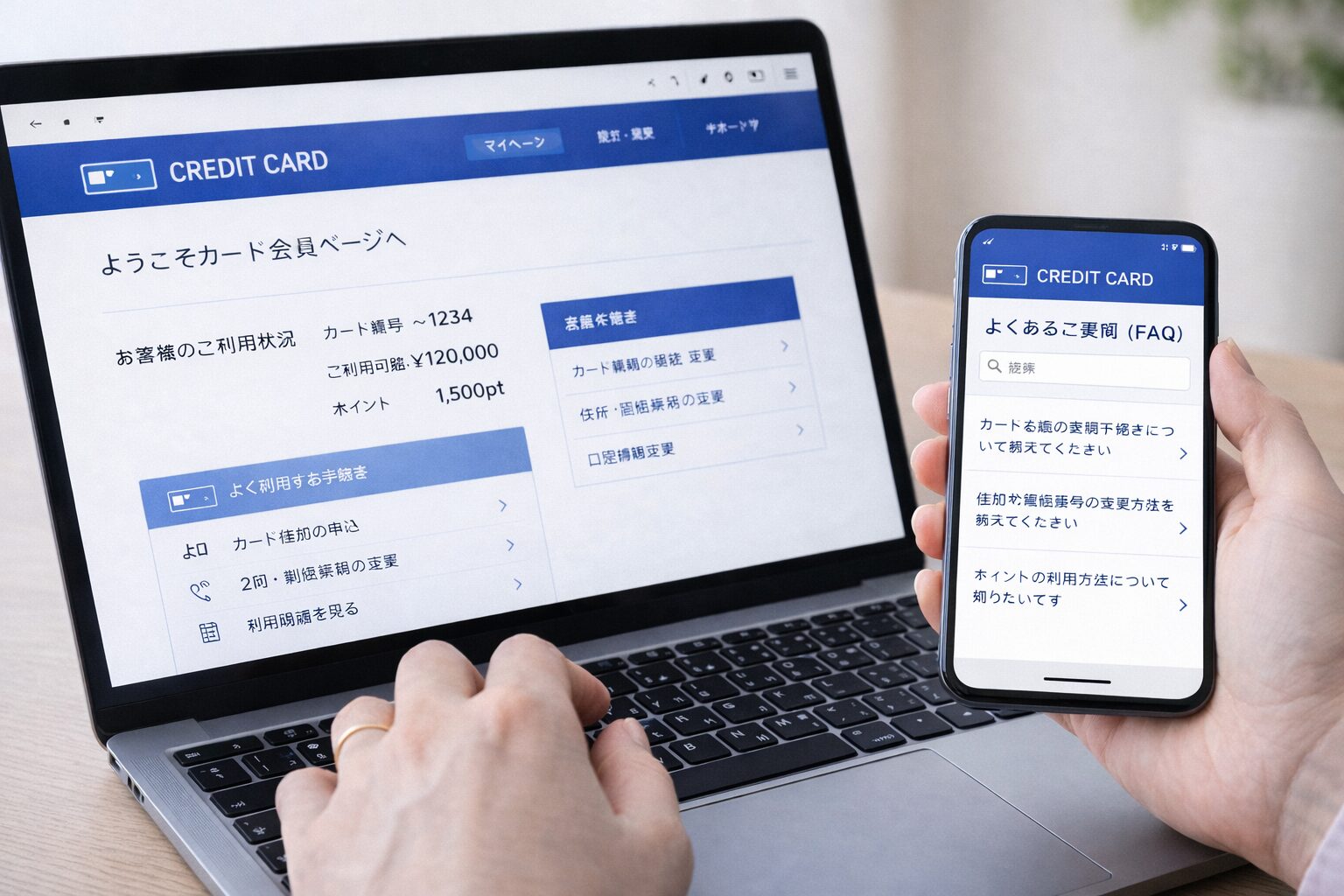 クレジットカード会社の会員ページや公式FAQをパソコンとスマートフォンで確認しているイメージ画像