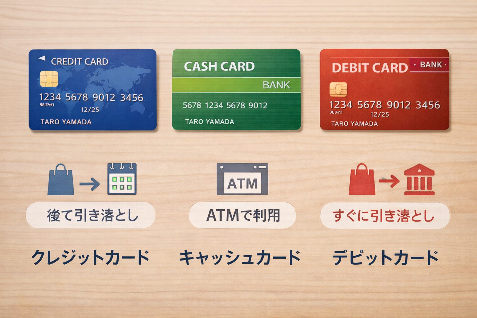 クレジットカード、キャッシュカード、デビットカードの違いを連想できる比較イメージの無料素材写真やシンプル図解画像をここに配置