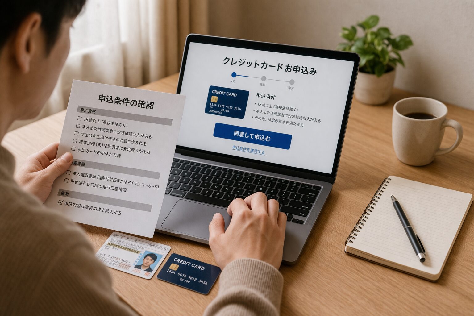 自宅の机でクレジットカードの申込画面を見ながら書類を確認している様子の写真。無職でも申し込み条件を確認しているイメージ