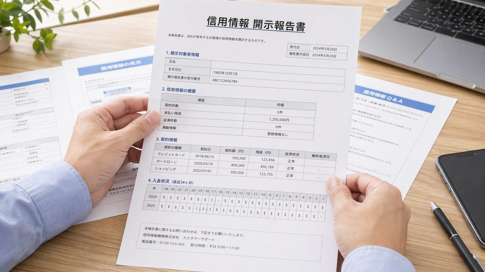 信用情報の開示報告書を確認している手元のイメージ画像
