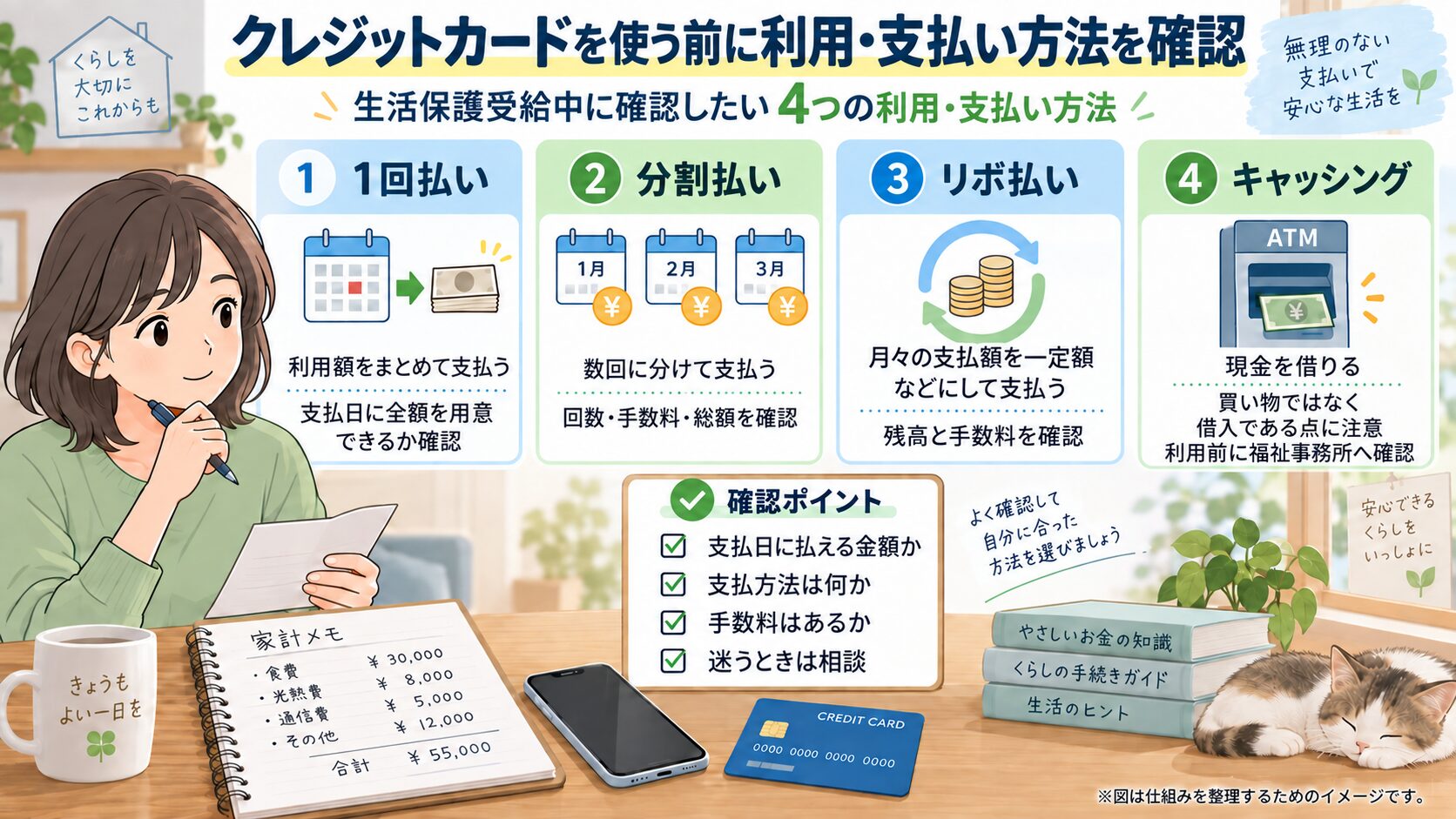 生活保護受給中にクレジットカードを使う前に1回払い、分割払い、リボ払い、キャッシングを比較して確認している図解イメージ