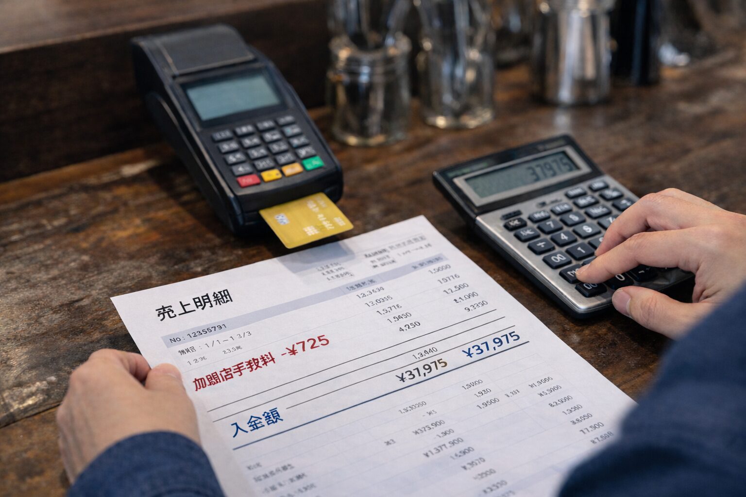 レジ横に決済端末と売上帳票、計算機を置いて加盟店手数料や入金額を確認しているイメージ画像を配置。無料素材サイトで店舗会計や決済管理の雰囲気が伝わる写真を使用。
