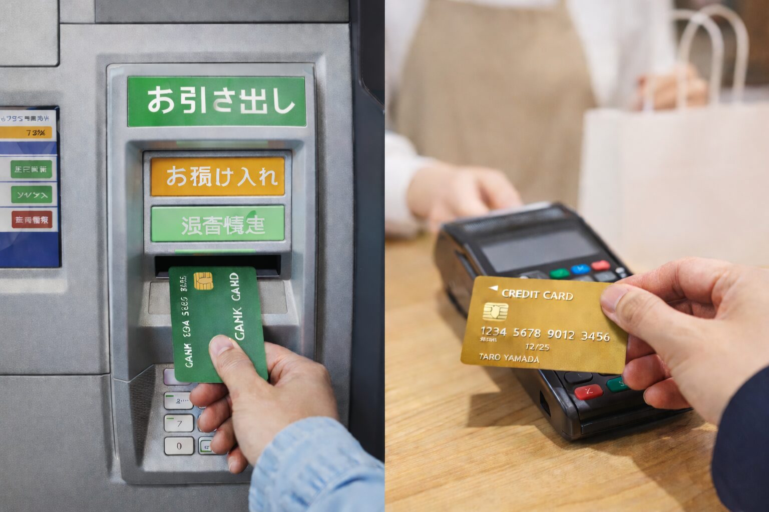 ATMでカードを使う場面と店舗でカード決済をする場面を対比した無料写真素材向けのイメージ画像をここに配置