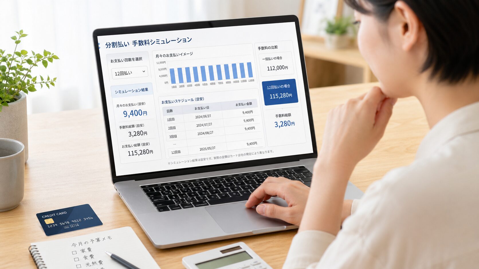 クレジットカード分割払いの手数料シミュレーションを確認しているイメージ画像