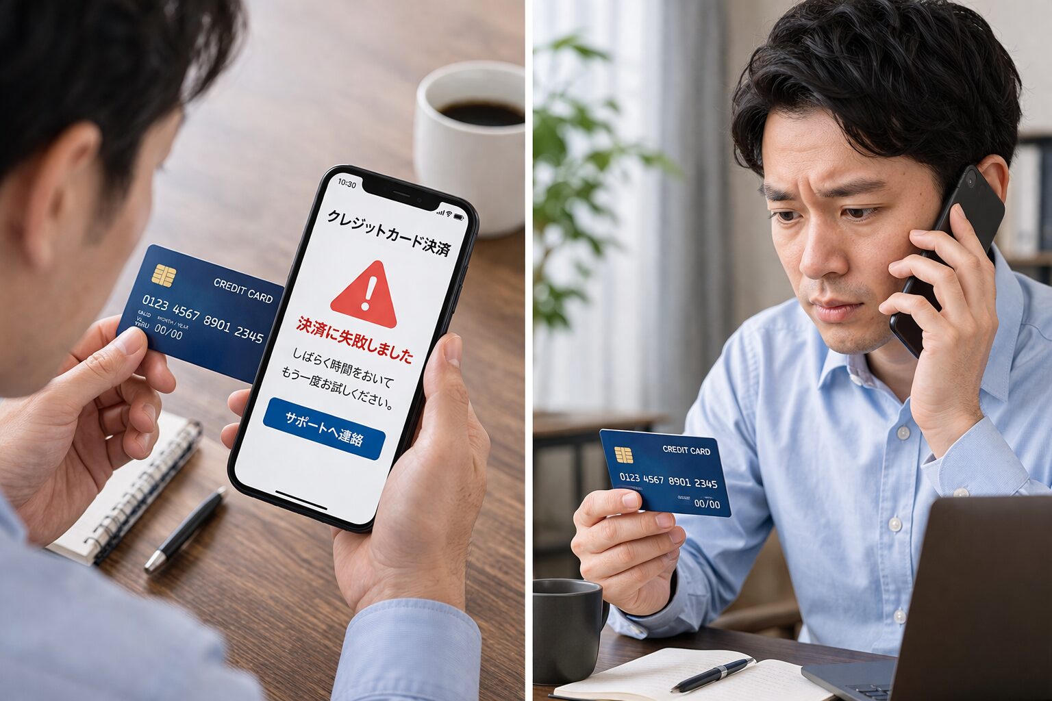 クレジットカード決済エラー時にスマホや電話でカード会社へ確認している場面の無料画像を配置