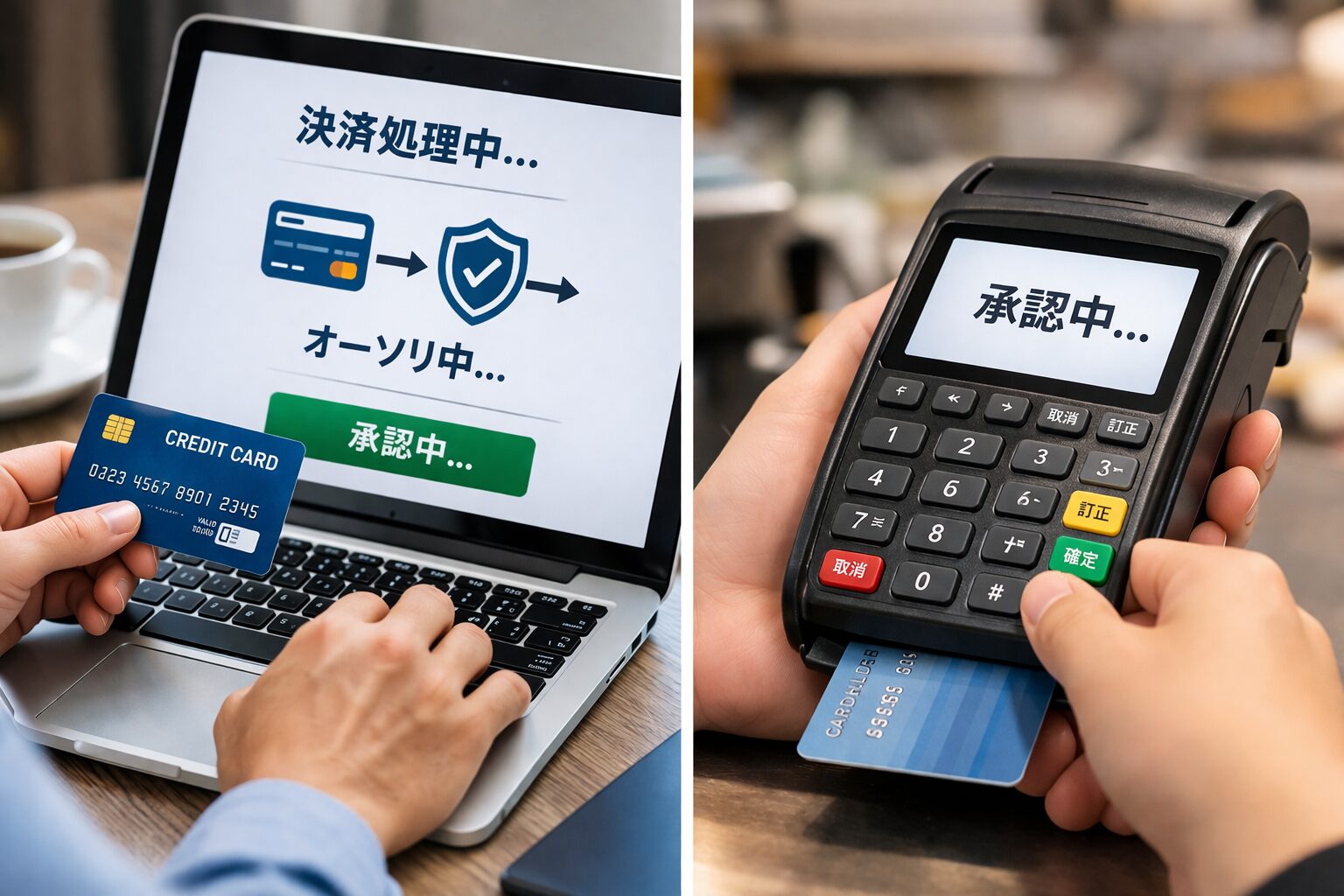 ネット決済画面やクレジットカード端末で承認手続きをしている様子が分かる無料画像を配置