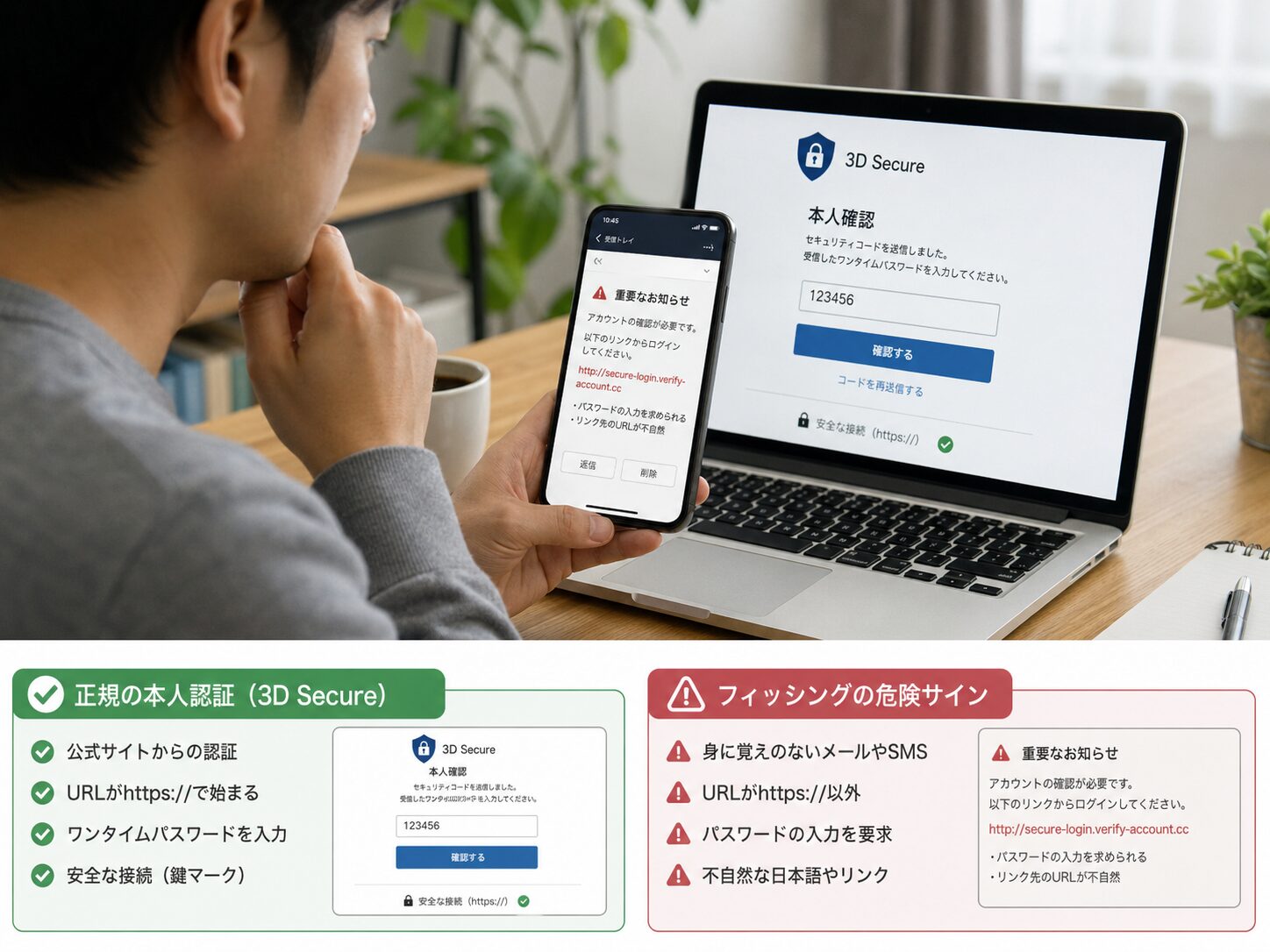 3Dセキュア利用時に偽サイトやフィッシングメールへ注意しているイメージ画像