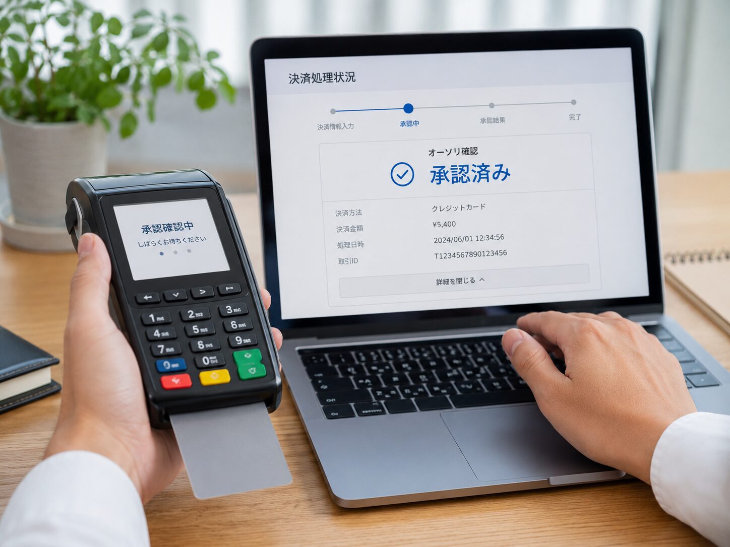クレジットカード決済でカード端末やネット決済画面を使いオーソリ承認を確認している手元の写真