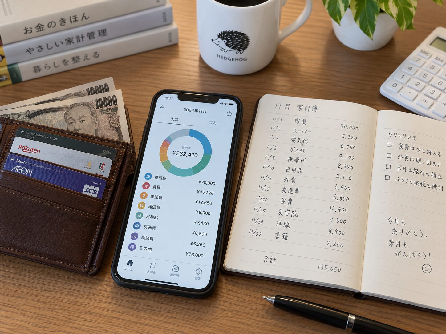 財布のクレジットカードと現金、スマートフォン、家計簿を机に並べて毎月の支払いを確認しているイメージ写真