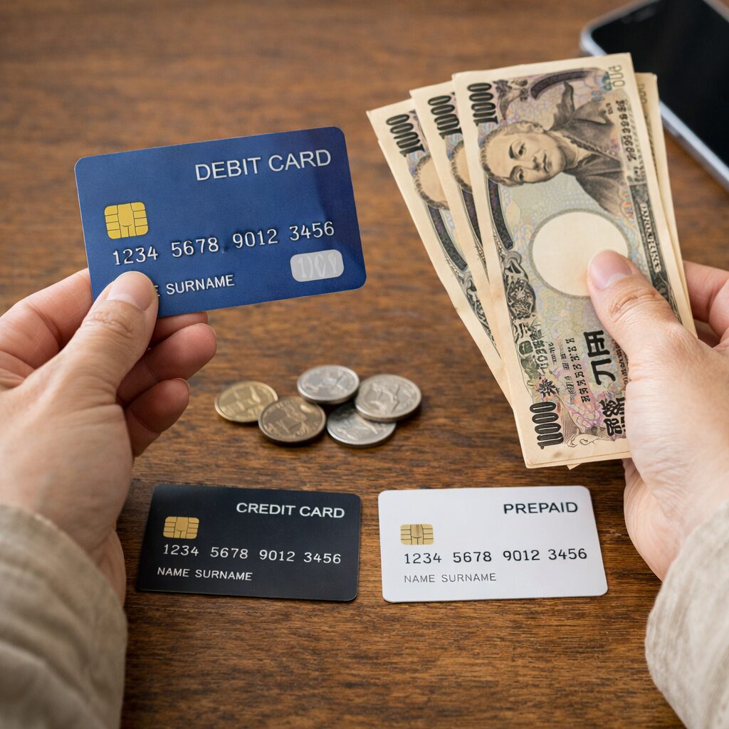 デビットカードや現金など複数の支払い方法を比較しているイメージ（無料素材サイトで取得）