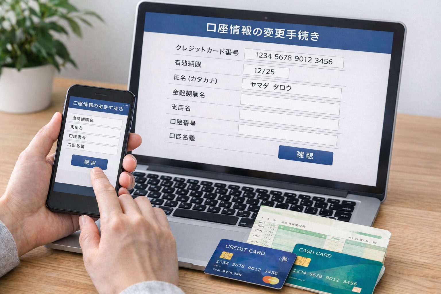 パソコンやスマートフォンでクレジットカードの会員ページを開き、銀行口座変更の手続きをしているイメージ画像を配置。無料素材サイトでノートパソコン、スマホ、クレジットカード、通帳やキャッシュカードが写った清潔感のある写真を使用。
