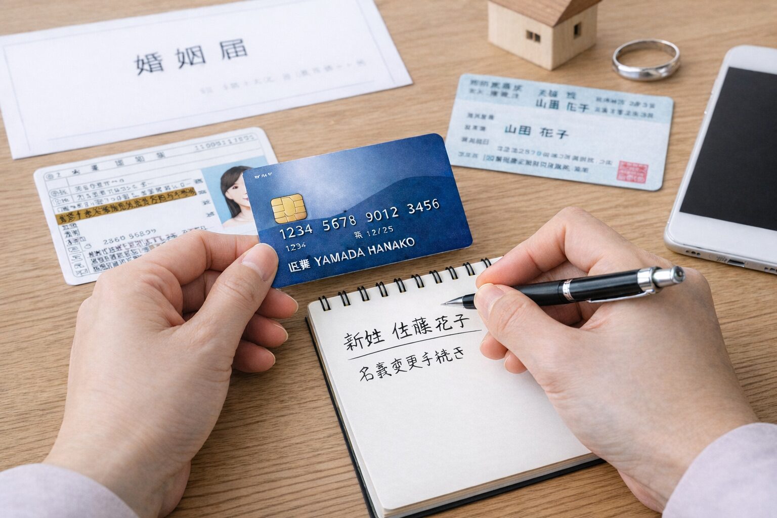 結婚や離婚後の氏名変更を考えながらクレジットカードと本人確認書類を机に並べて確認しているイメージ画像