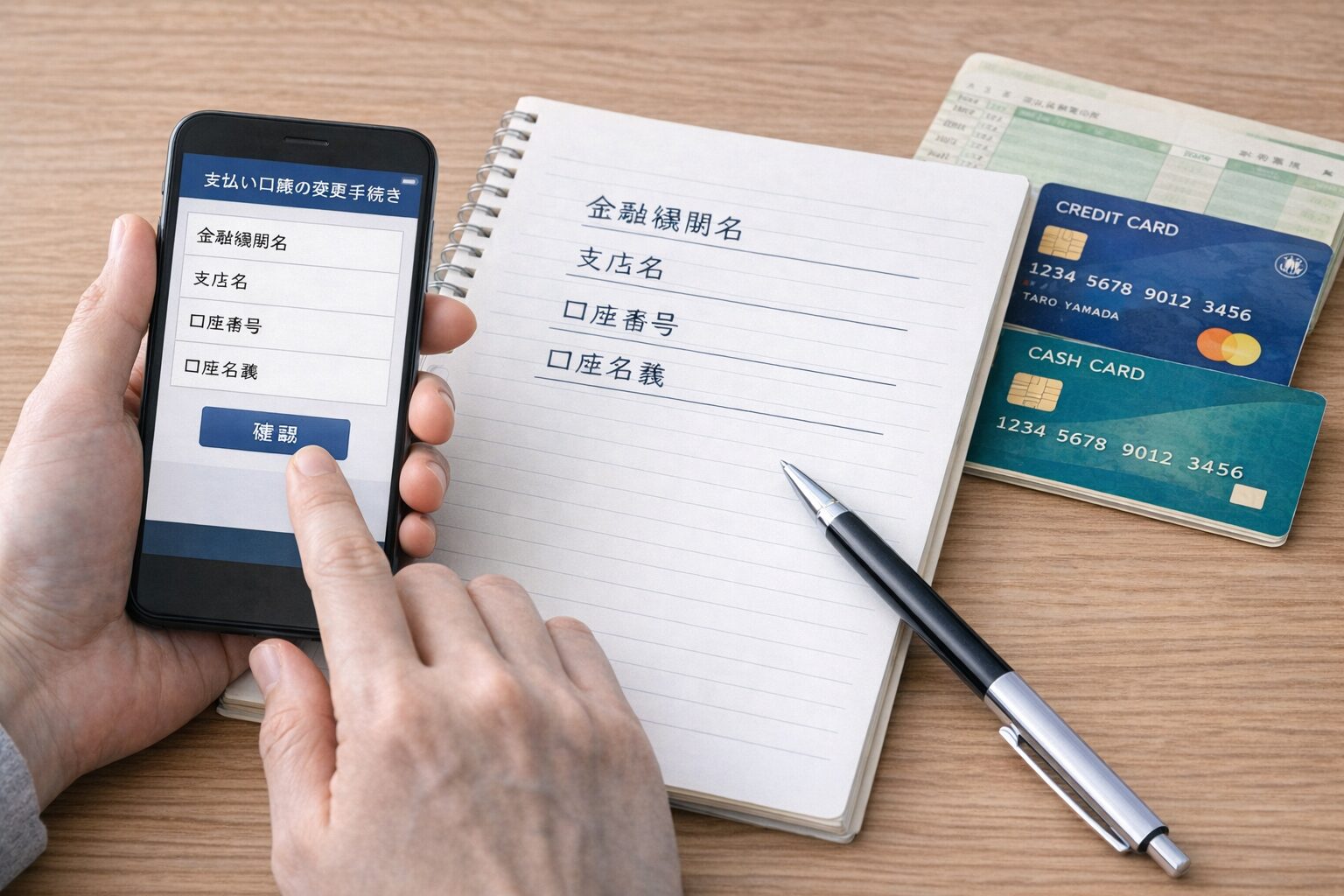 クレジットカード会社の会員ページやアプリで支払い口座変更の画面を確認しながら、銀行口座情報を準備しているイメージ画像を配置。無料素材サイトでスマホ画面、ノート、キャッシュカード、ペンが写る写真を使用。