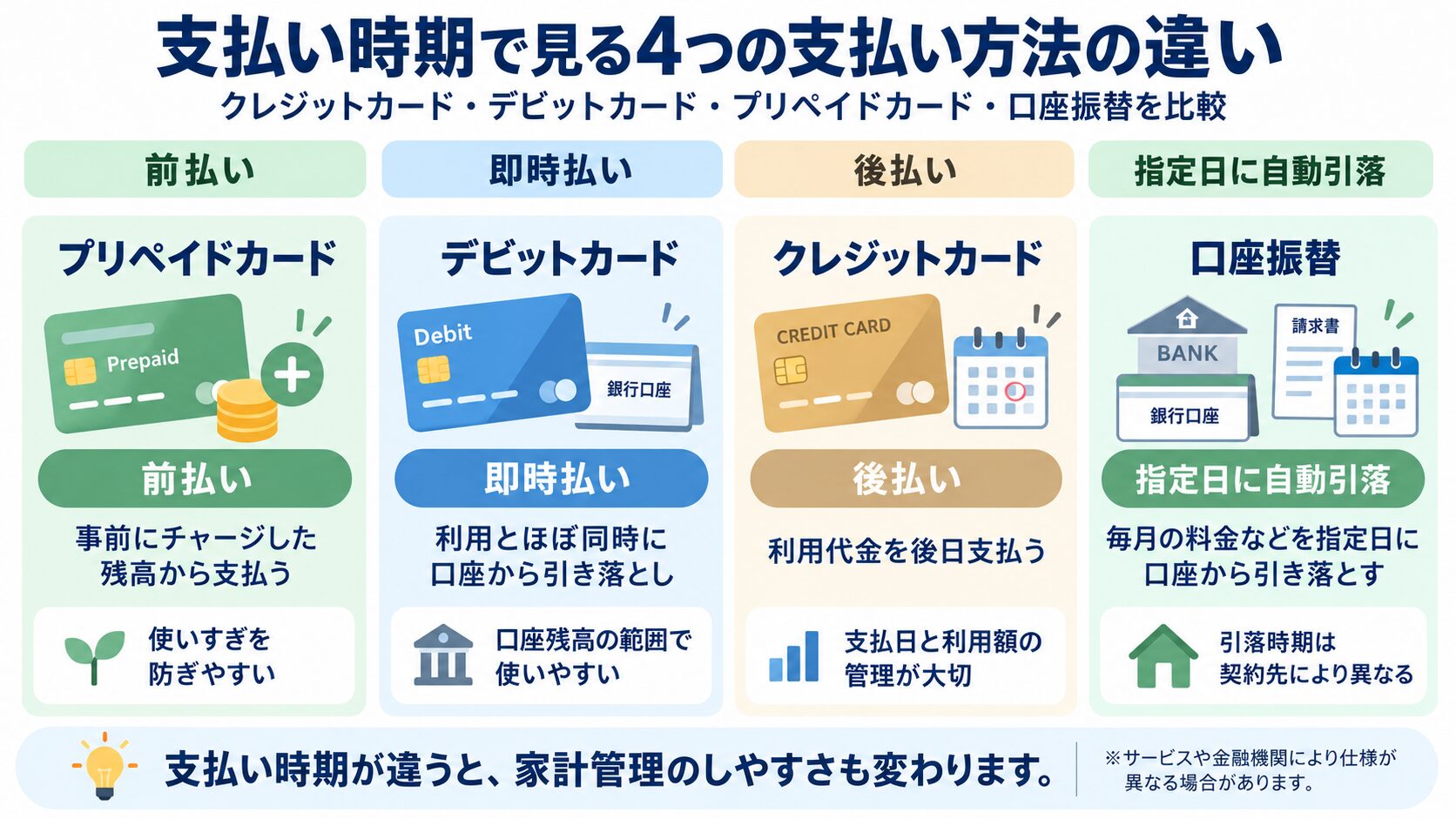 クレジットカード、デビットカード、プリペイドカード、口座振替を支払い時期ごとに比較しているイメージ図