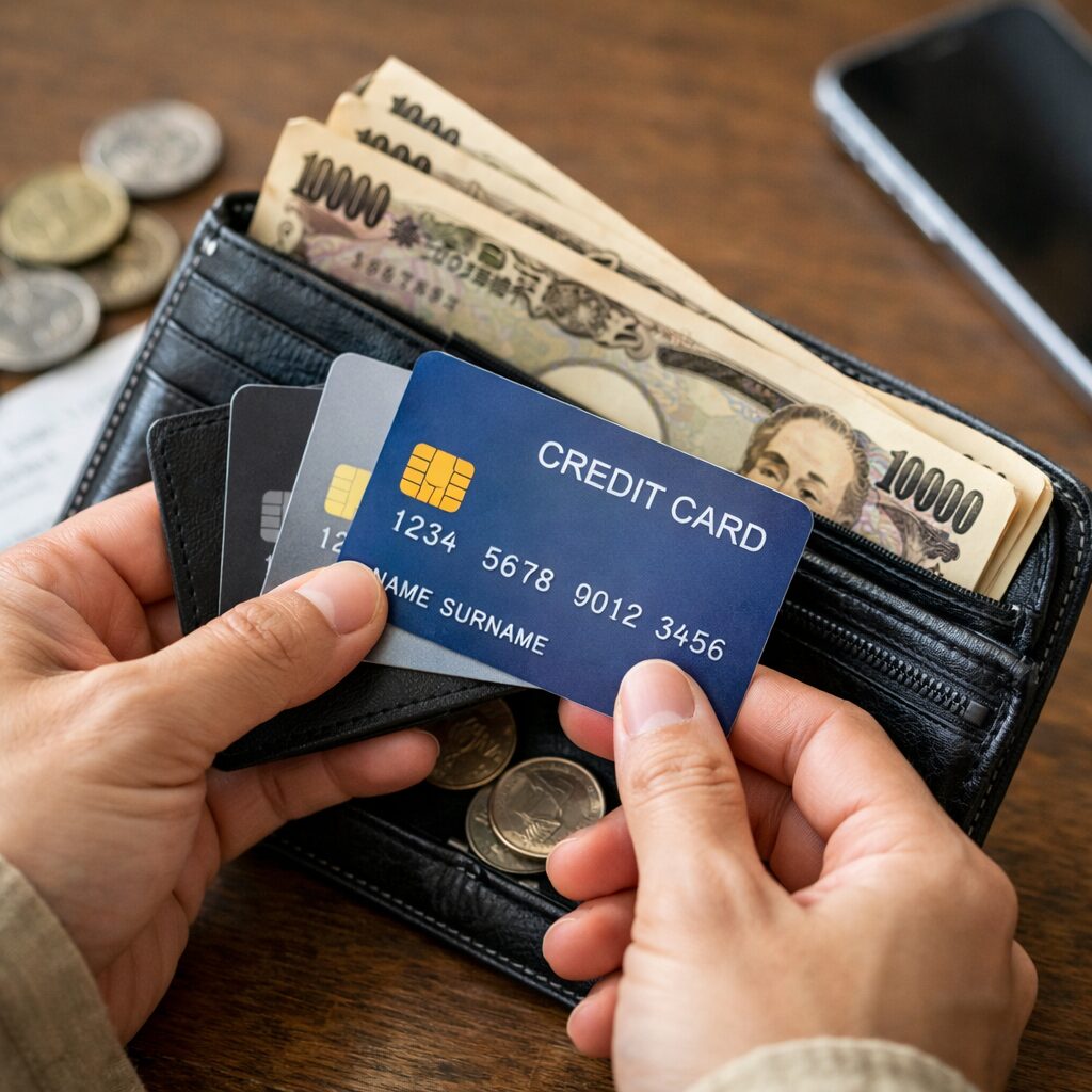 財布の中のクレジットカードと現金を確認しているイメージ（無料素材サイトで取得）