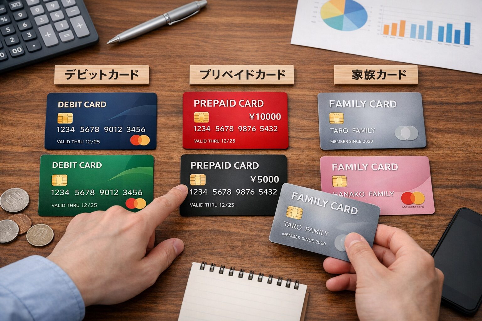 デビットカード、プリペイドカード、家族カードなど複数のキャッシュレス手段を机の上に並べて比較しているイメージ写真