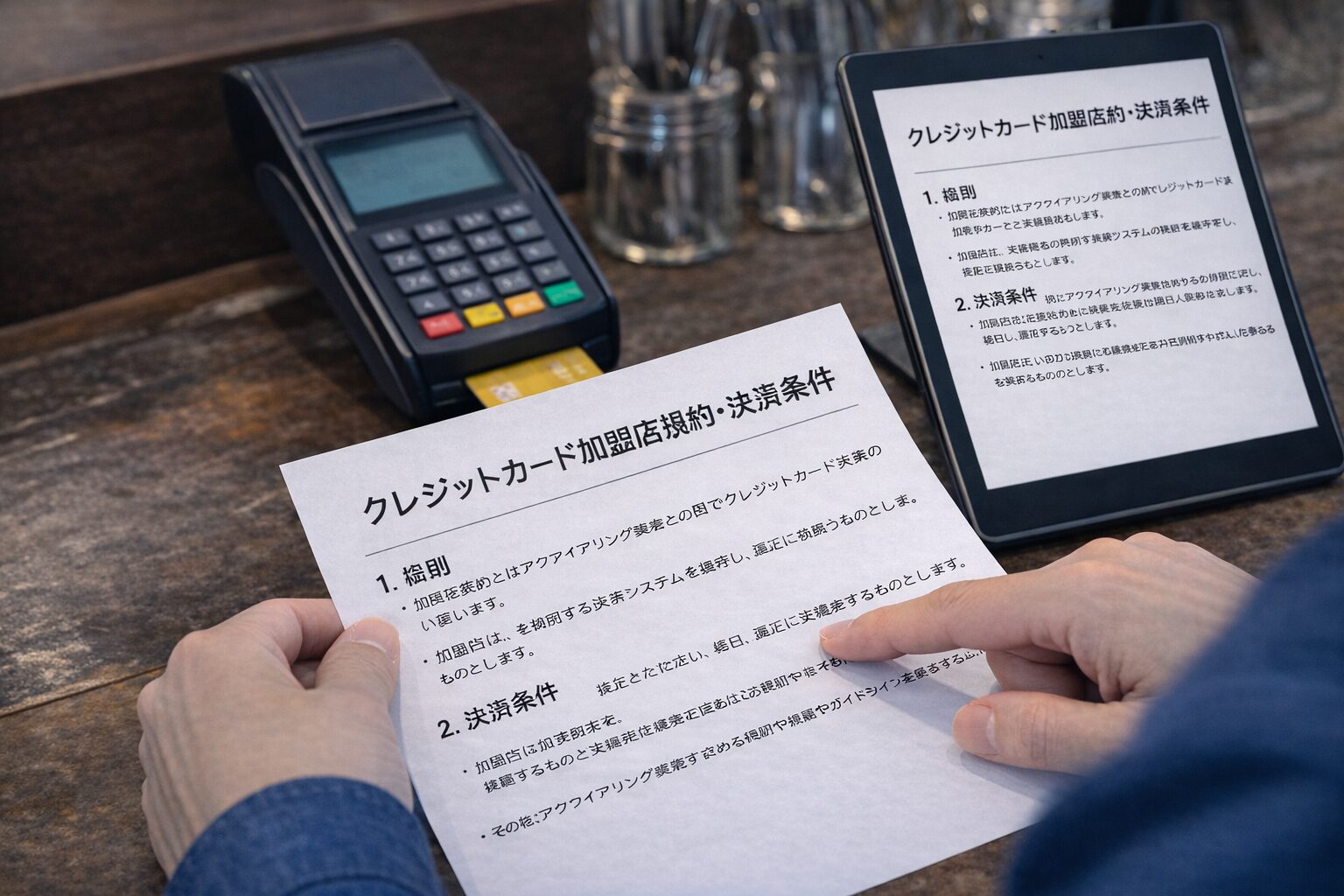 店舗のレジ横でクレジットカード加盟店規約や決済条件を確認しているイメージ画像を配置。無料素材サイトで契約書やタブレット、決済端末が写る写真を使用。