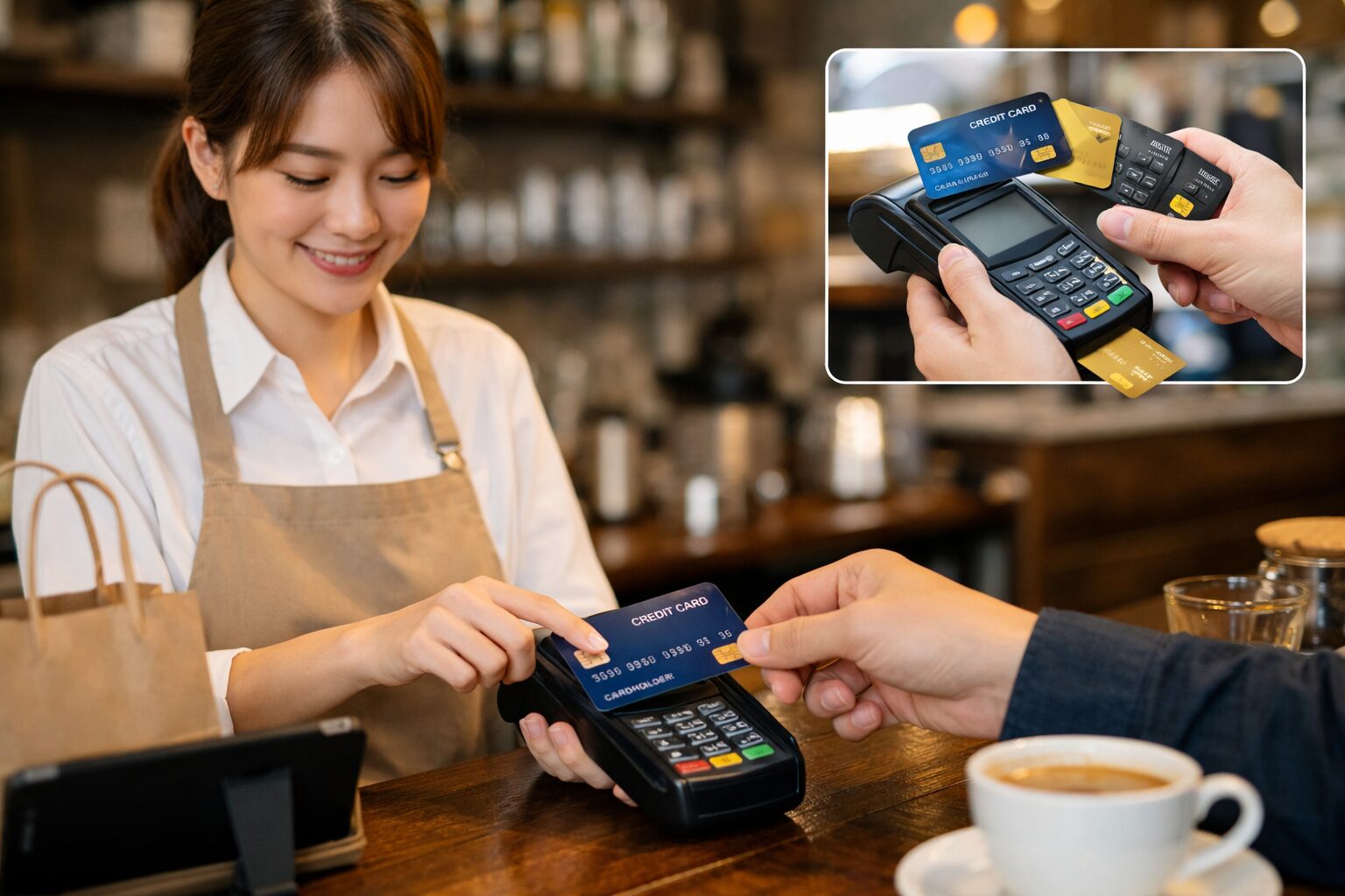 レジカウンターでクレジットカード決済端末を操作している店舗スタッフとカード決済のイメージ画像を配置。無料素材サイトで小売店や飲食店の決済シーンが自然に写っている写真を使用。