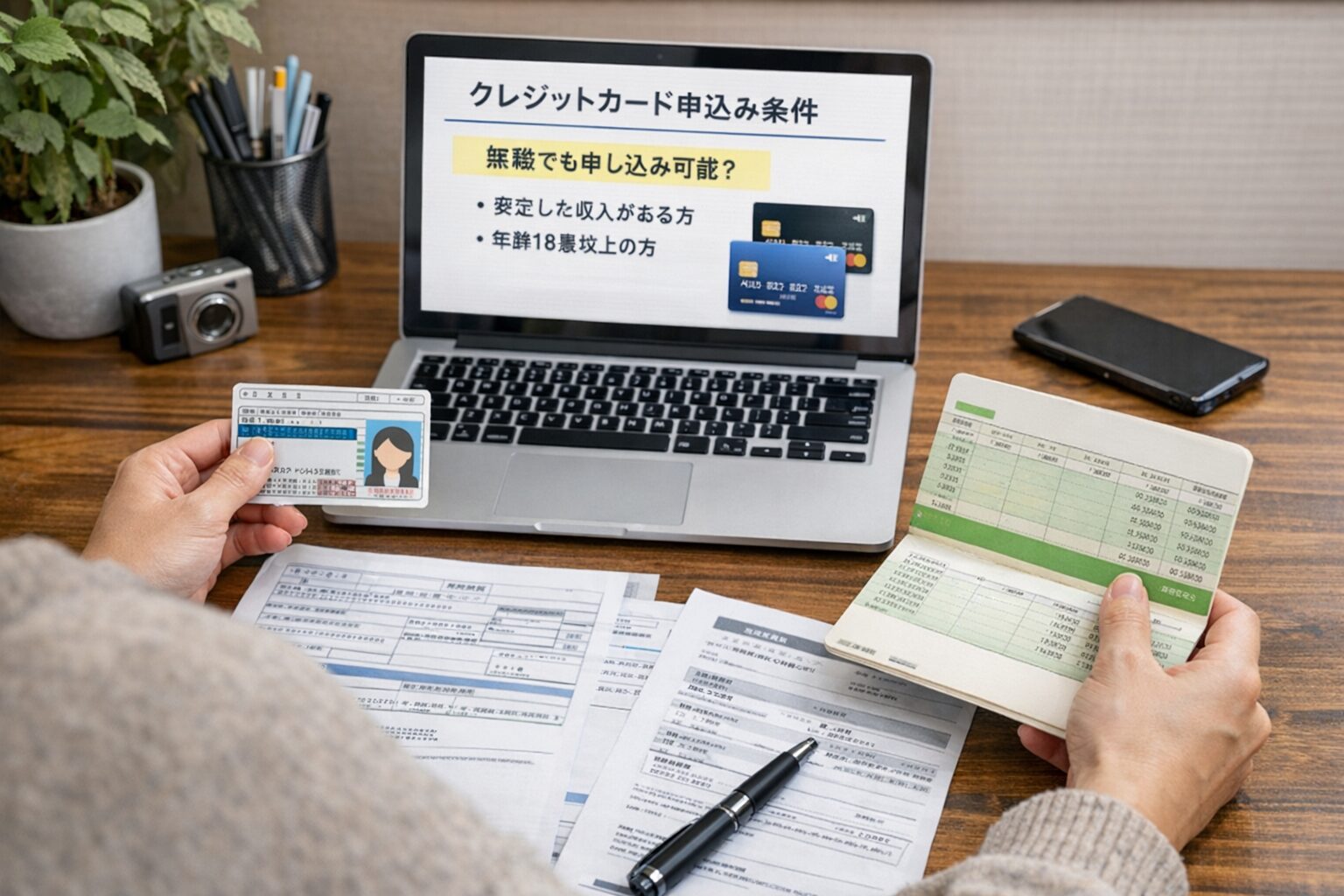 ノートパソコンでクレジットカード申込条件を確認しながら、本人確認書類や銀行口座情報を準備している様子の写真