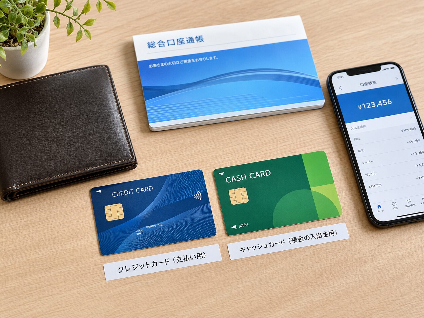 机の上にクレジットカード風のカードとキャッシュカード風のカード、財布、通帳、スマートフォンを並べて違いを比較している写真