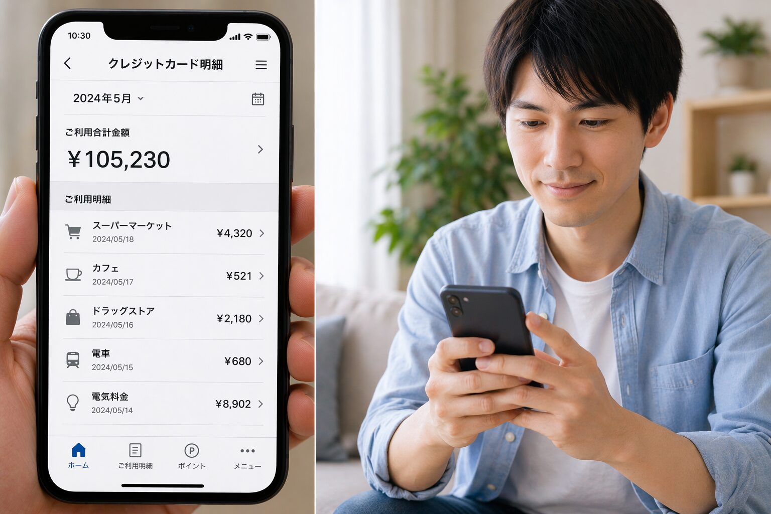 スマートフォンで利用明細を確認している様子の無料写真素材をここに配置